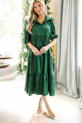 All The Love Emerald Green Floral Satin Midi Dress