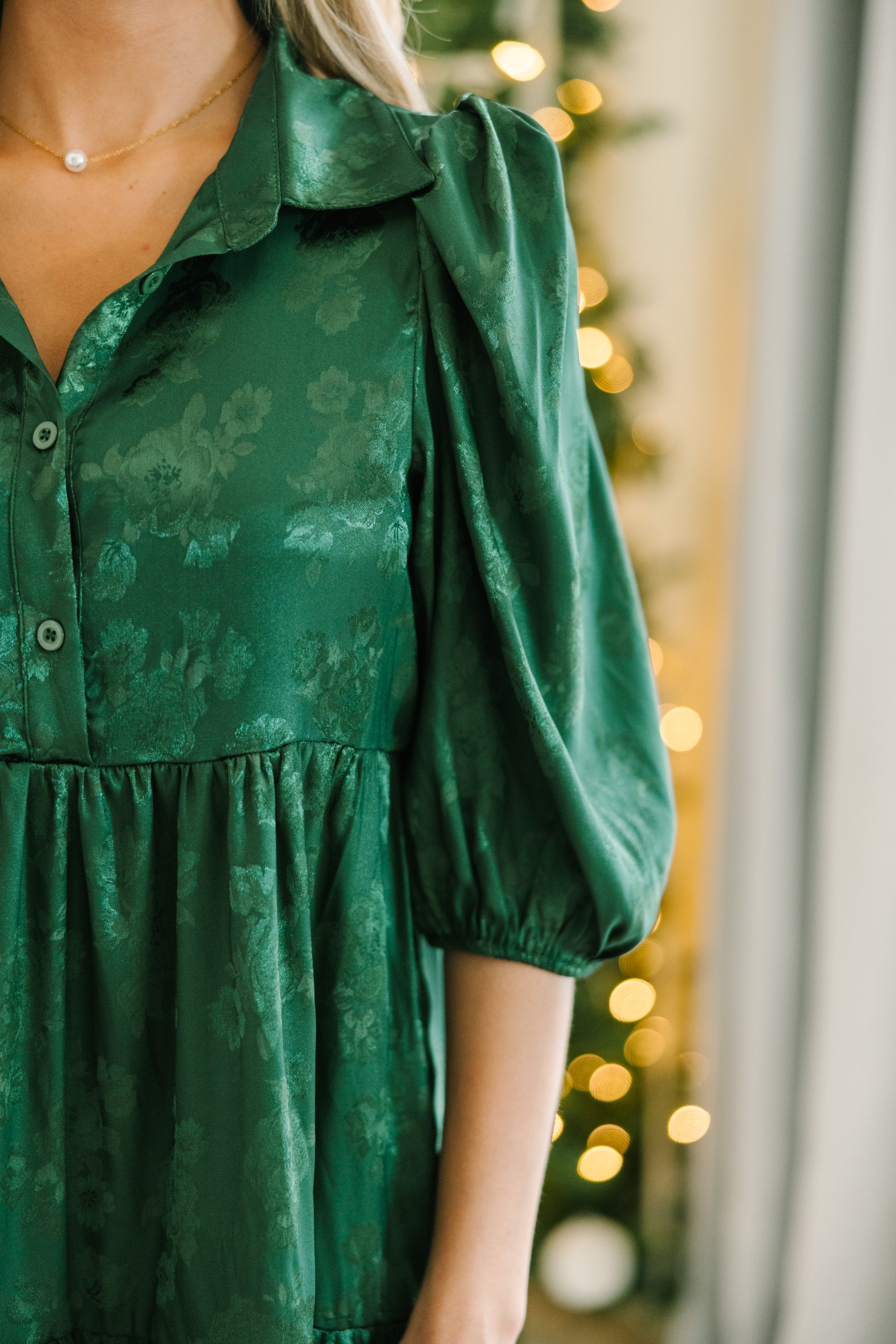 All The Love Emerald Green Floral Satin Midi Dress