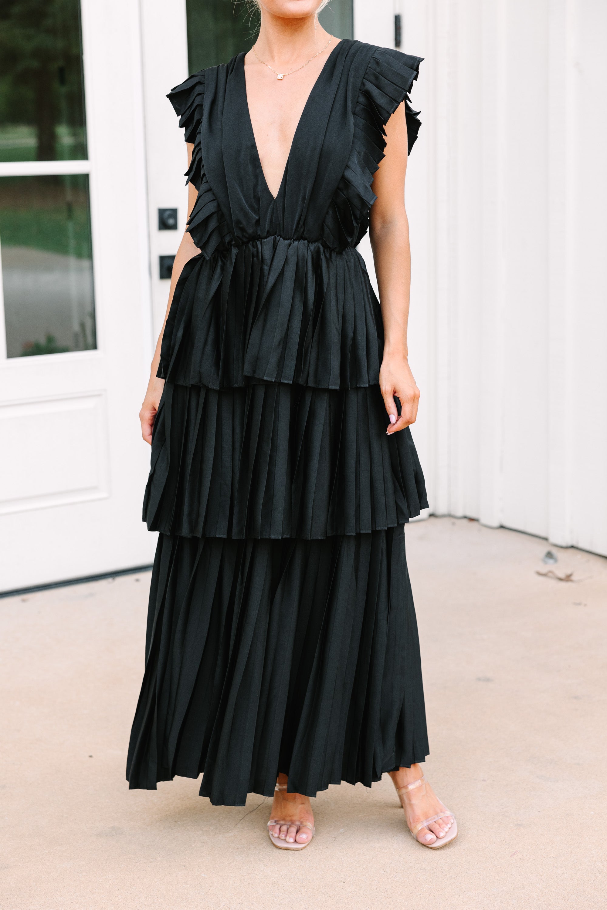 Around The World Black Pleated Maxi Dress