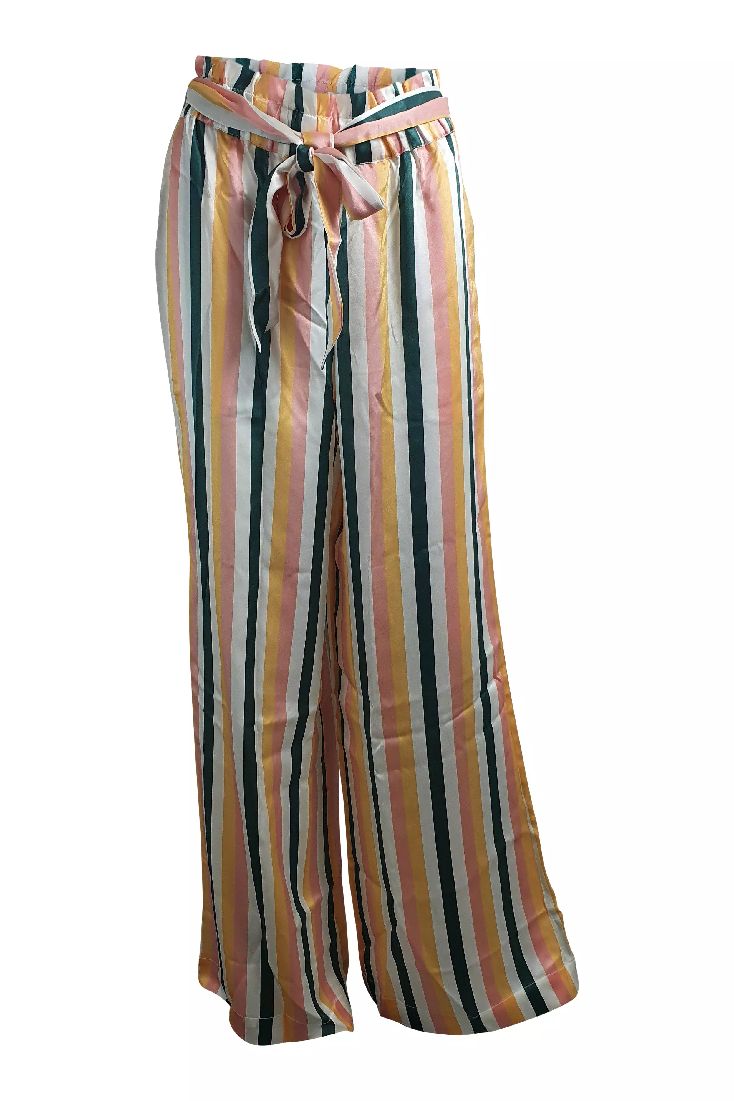 ASCENO 100% SILK MULTI STRIPE WIDE LEG PALAZZO PANTS (