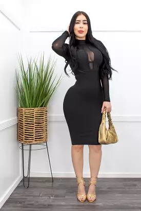 Bandage Long Sleeve Midi Dress Black