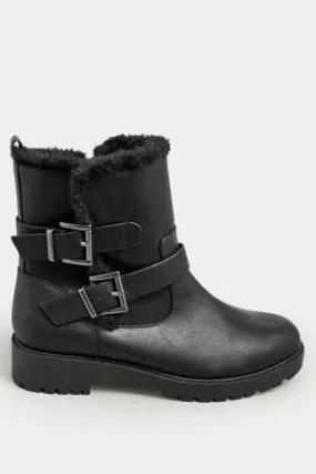 Black Faux Fur Lined Biker Boot In Wide E Fit & Extra Wide EEE Fit