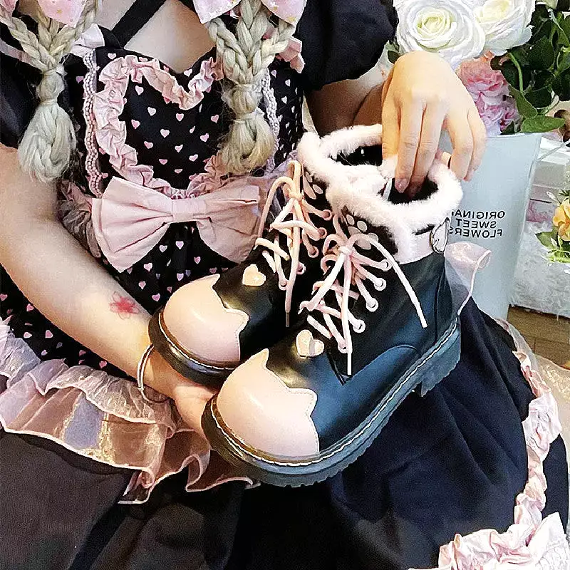 Black Pink Sugar Kitty Paw Lolita Winter Boots