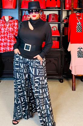 Black Vogue Print Palazzo Pants