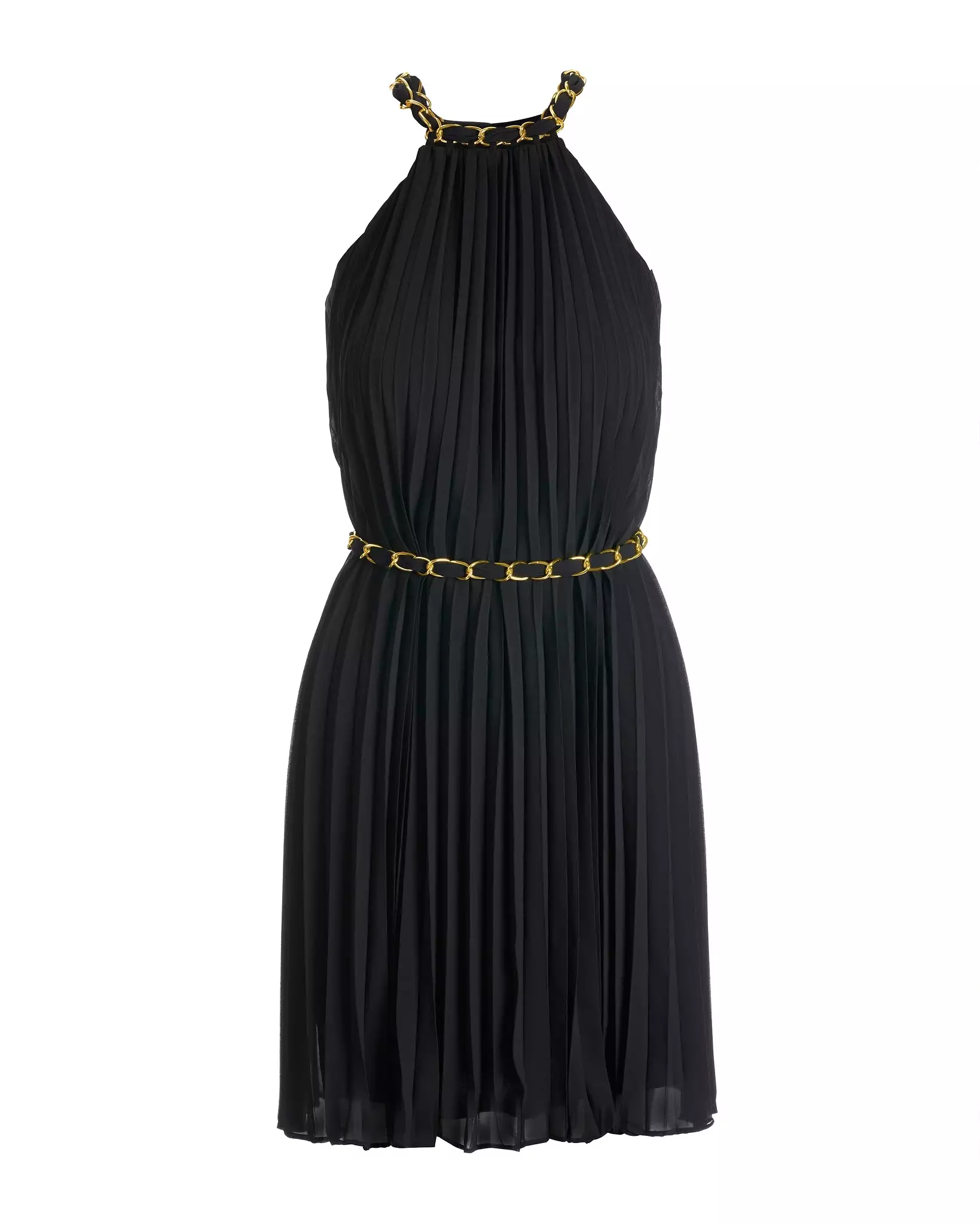 Chain Detail High neck Pleated Fit and Flare Dress Black