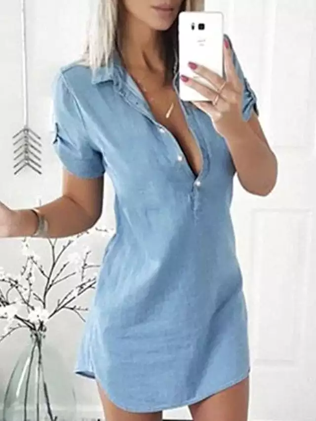 Chic & Modern Light Blue Denim Shirt Dress