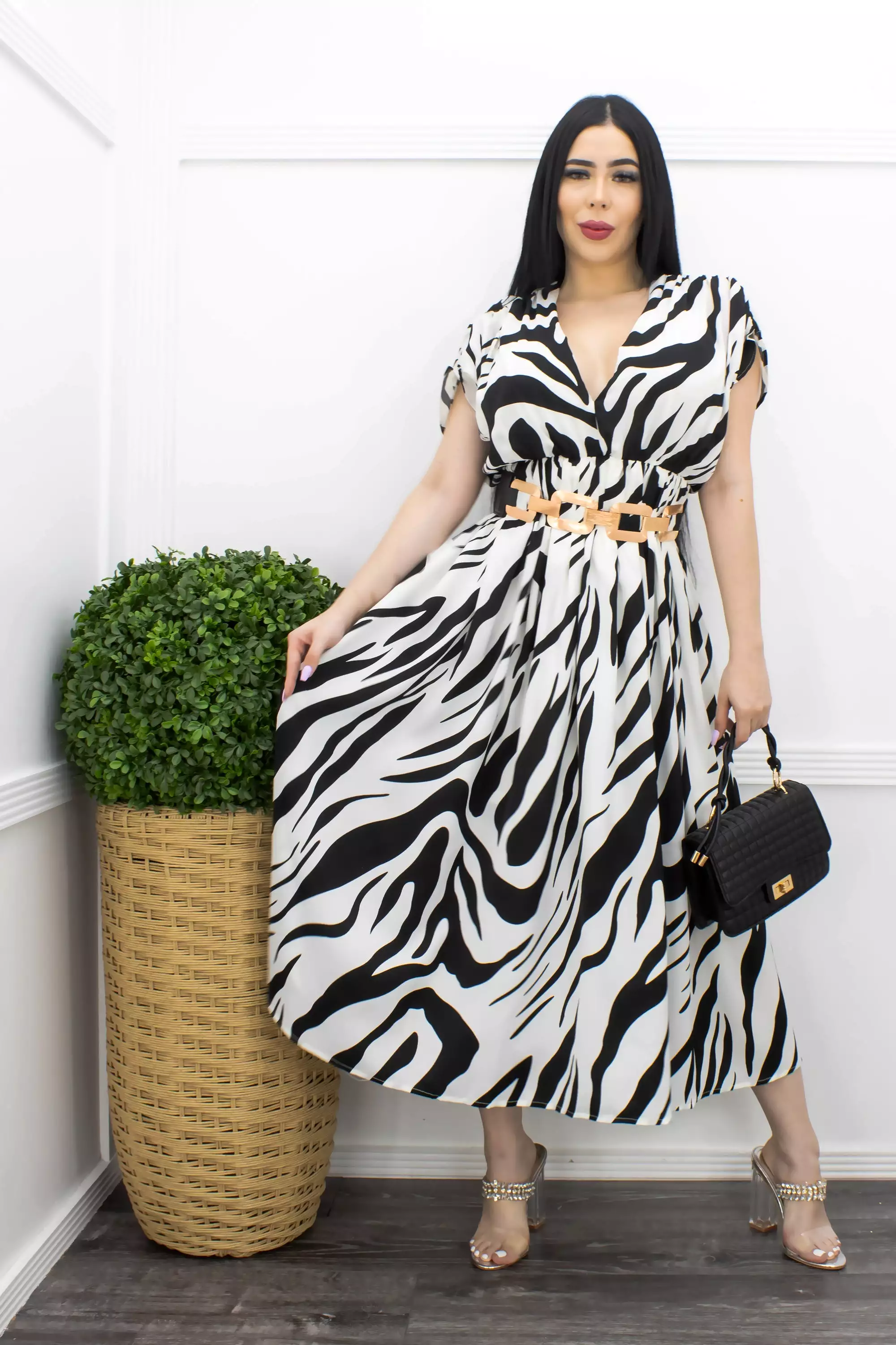 Chiffon Sleeveless Belted Maxi Dress Black