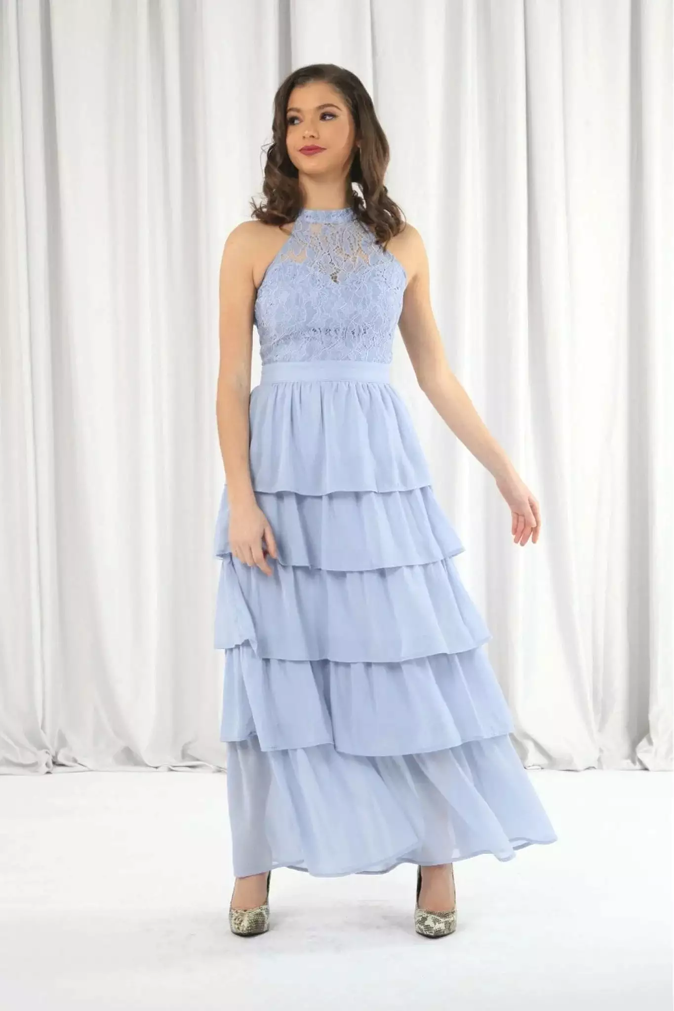 Double Second Light Blue Tiered Bridesmaid Dress