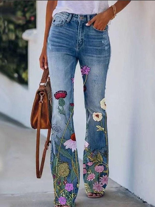 Floral Print Bootcut Flared Pants for Women - Elastic Grey XXL