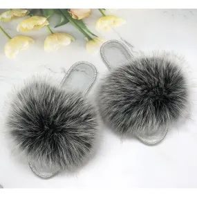 Fluffy Real Fur Slides Transparent Jelly Flip Flop House Slipper for Women