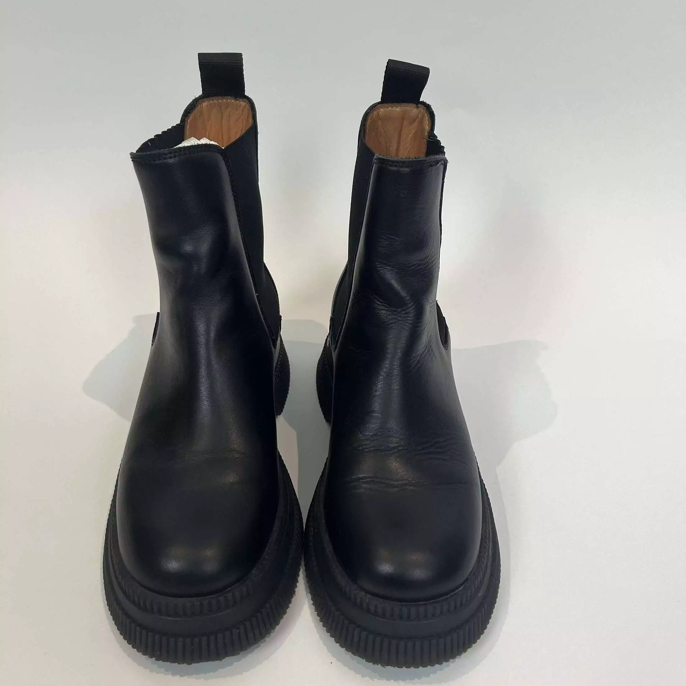 Ganni 345 Black Leather Platform Chelsea Boots 39