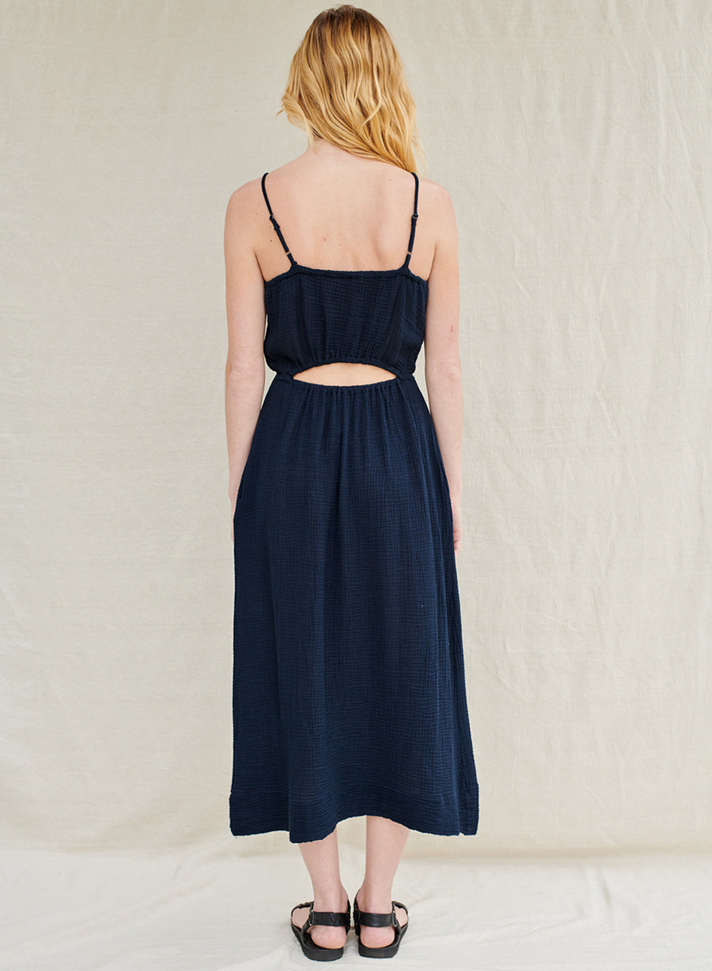 Gauze Open Back Midi Dress in New Navy