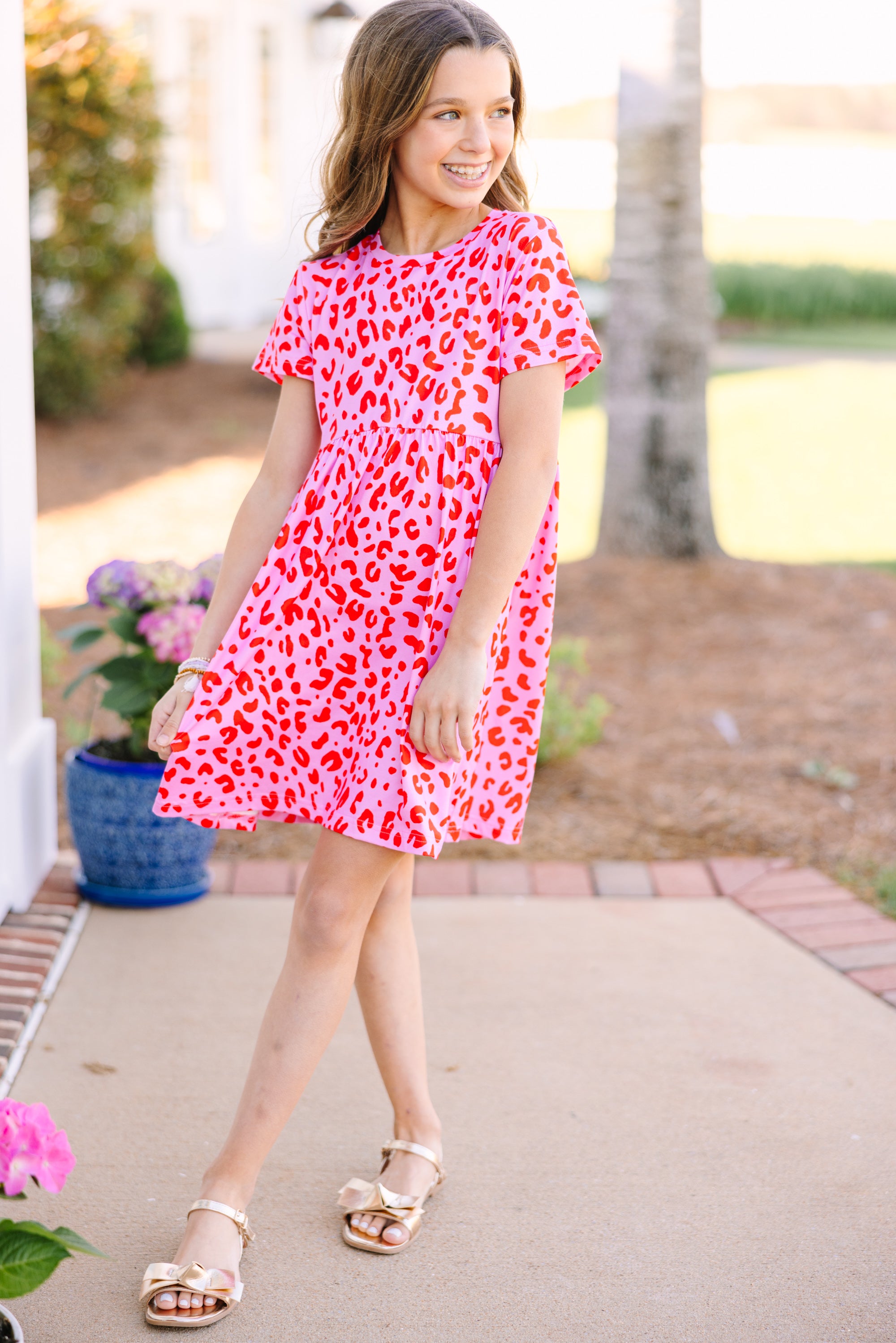 Girls: Happy Days Fuchsia Leopard Babydoll Dress