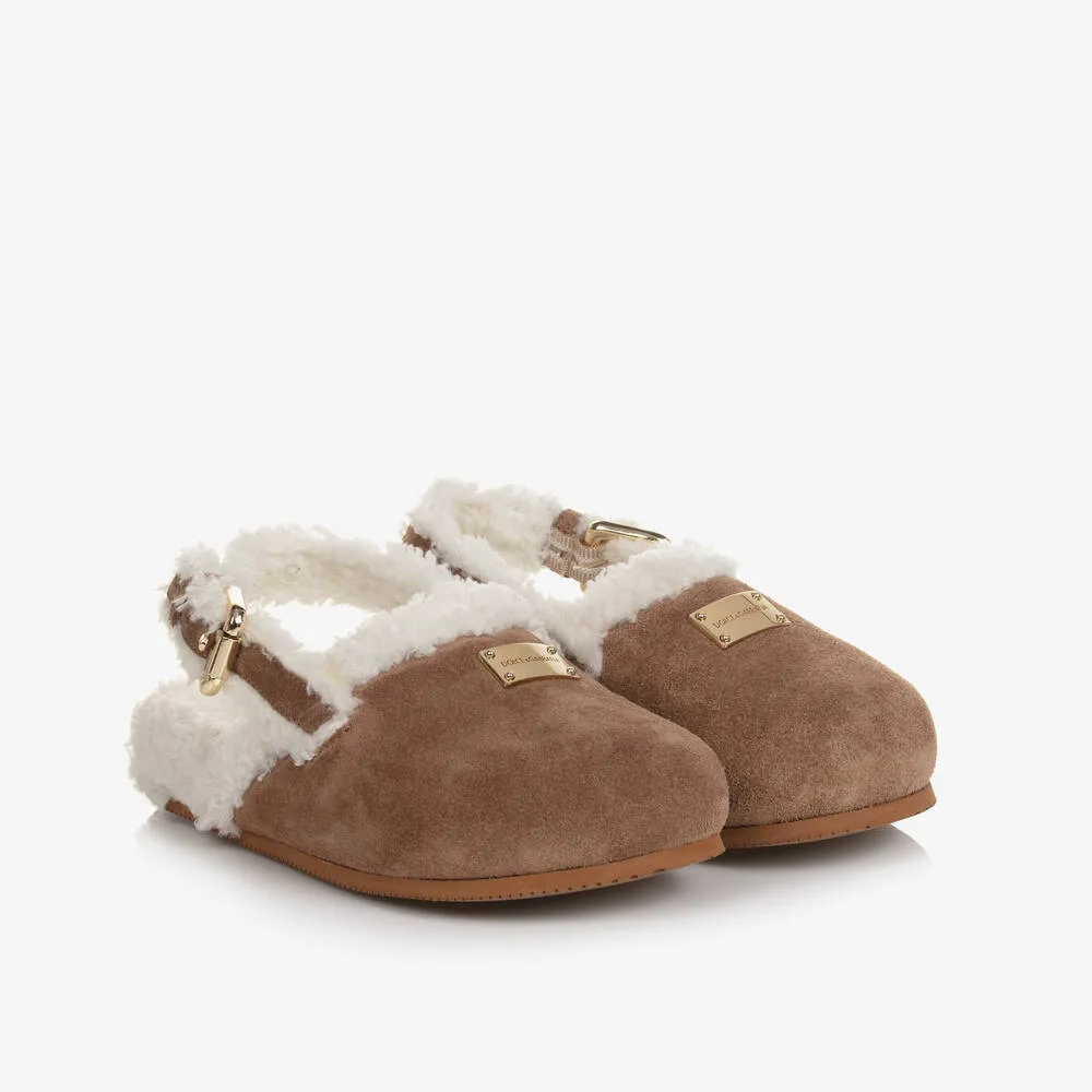 Girls Tan Brown Leather & Sherpa Mules