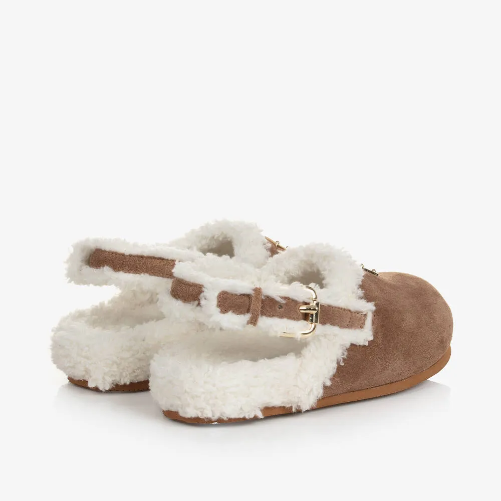 Girls Tan Brown Leather & Sherpa Mules