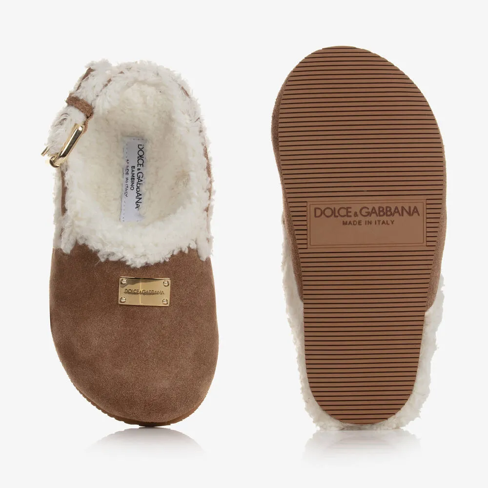 Girls Tan Brown Leather & Sherpa Mules