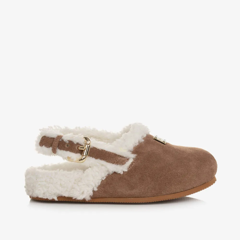 Girls Tan Brown Leather & Sherpa Mules