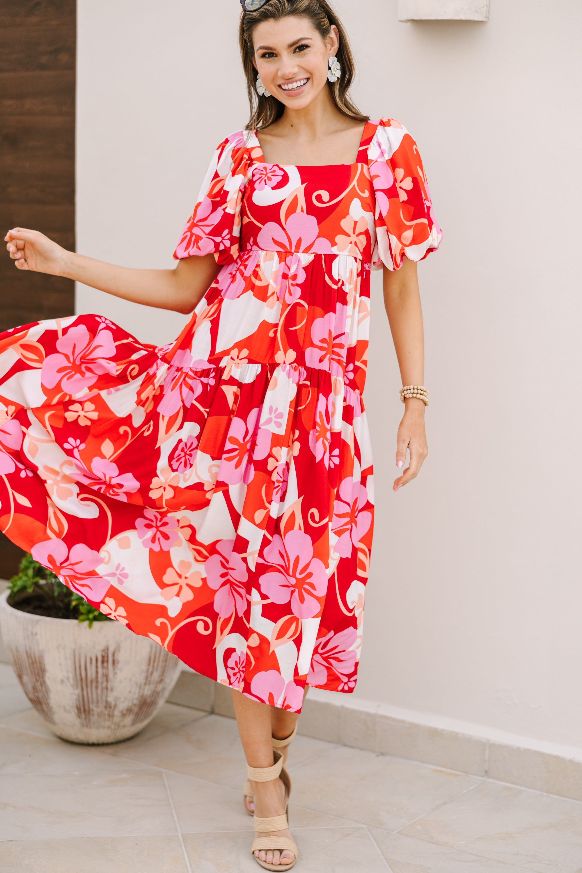 It's All For You Red Floral Midi Dress