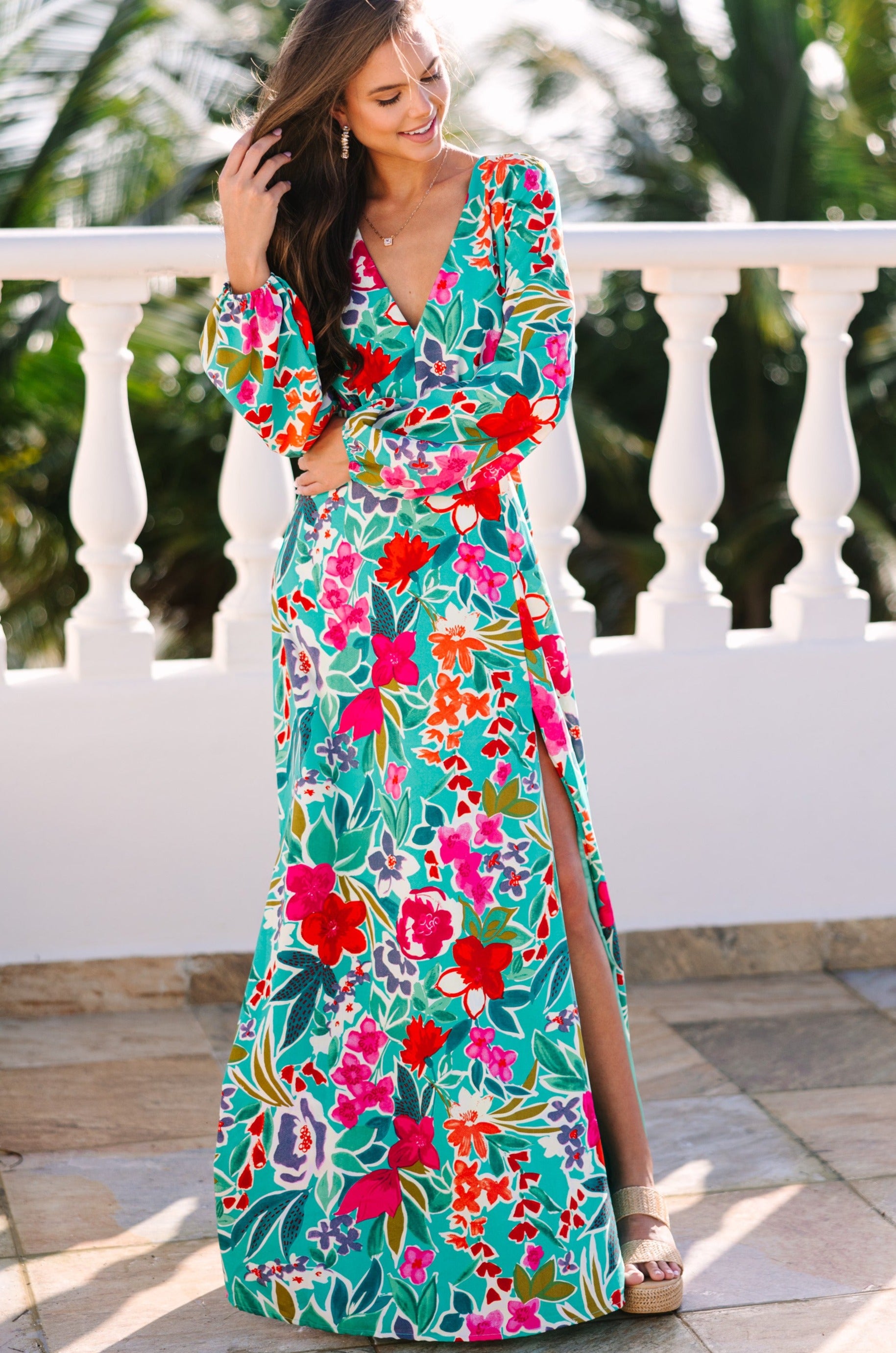 Just Feels Right Teal Blue Floral Maxi Dress