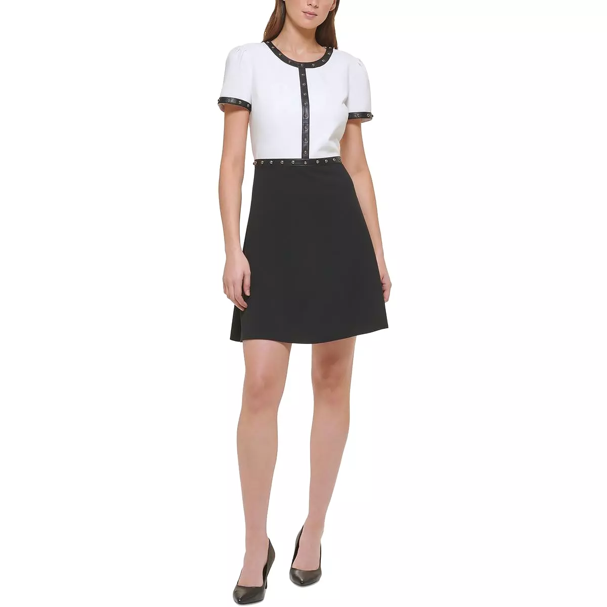 Karl Lagerfeld Paris Womens Faux Leather Trim Studded Mini Dress