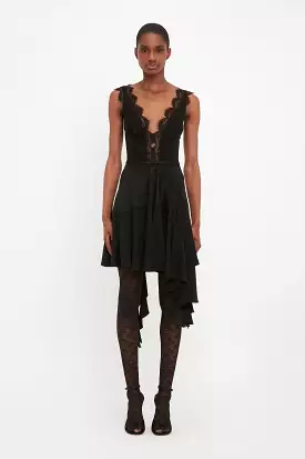 Lace Detail Ruffle Mini Dress In Black