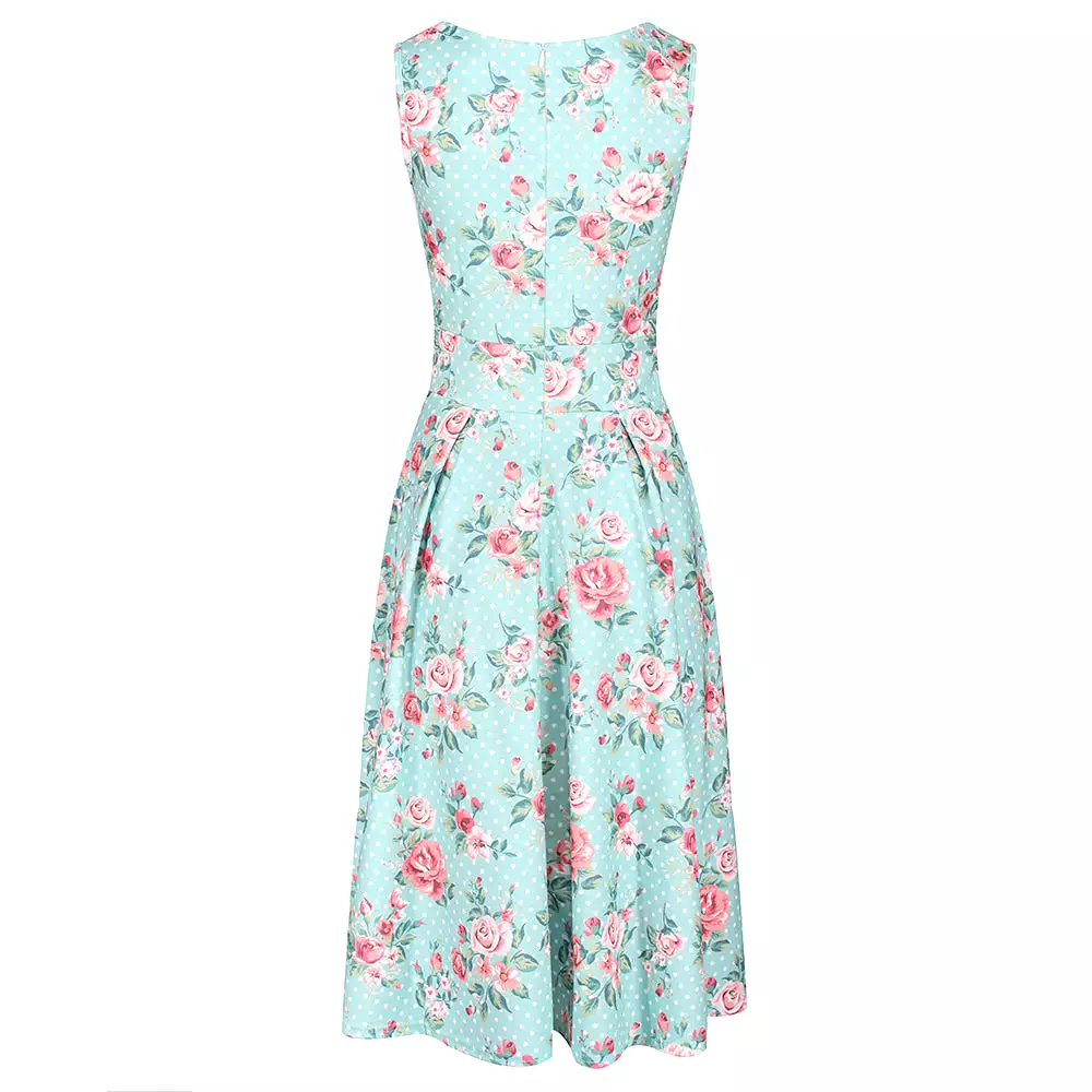 Light Aqua Blue Polka Dot Floral Classic Audrey Sleeveless Summer Dress