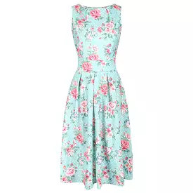 Light Aqua Blue Polka Dot Floral Classic Audrey Sleeveless Summer Dress