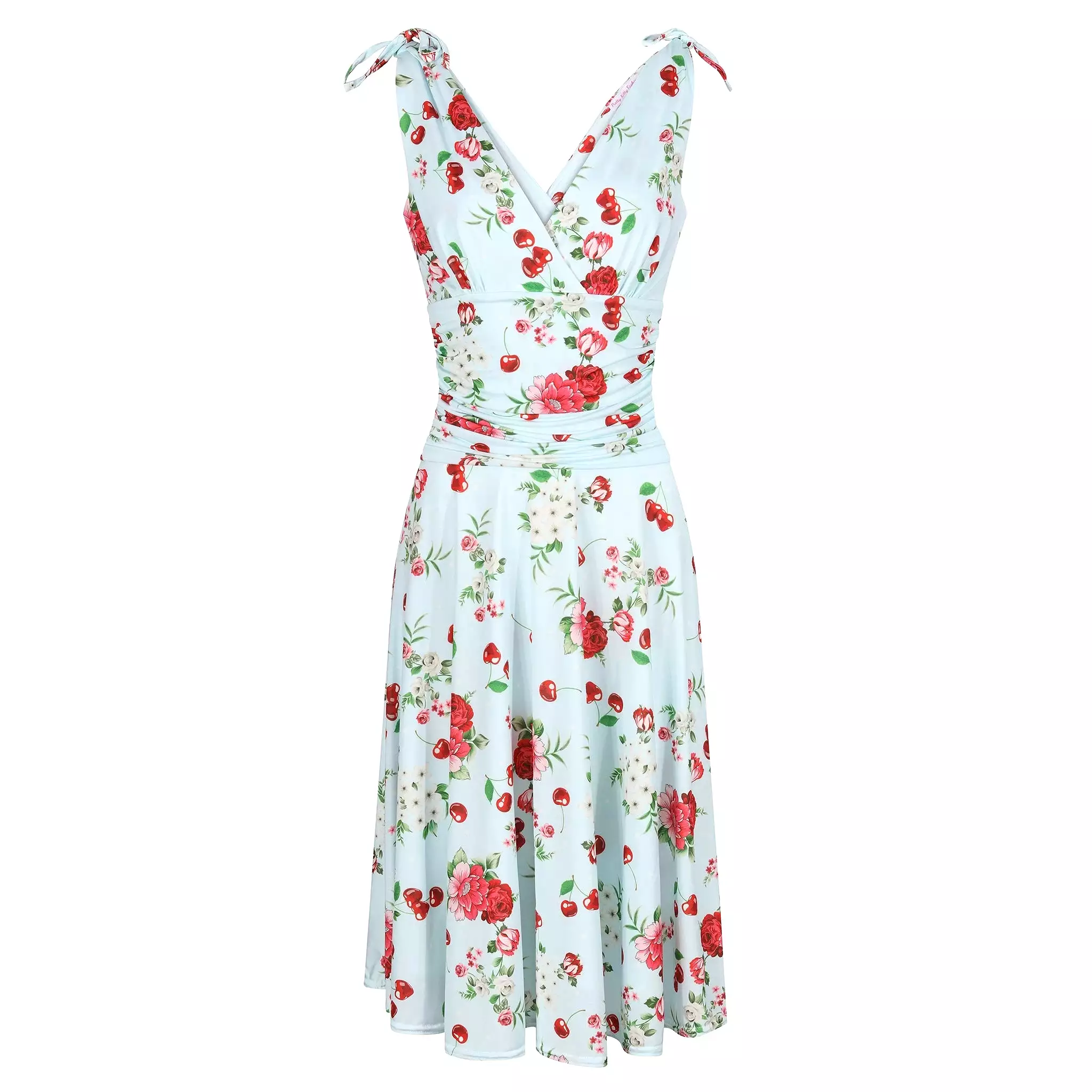 Light Blue Floral & Cherry Print V Neck Tie Shoulder 50s Swing Dress