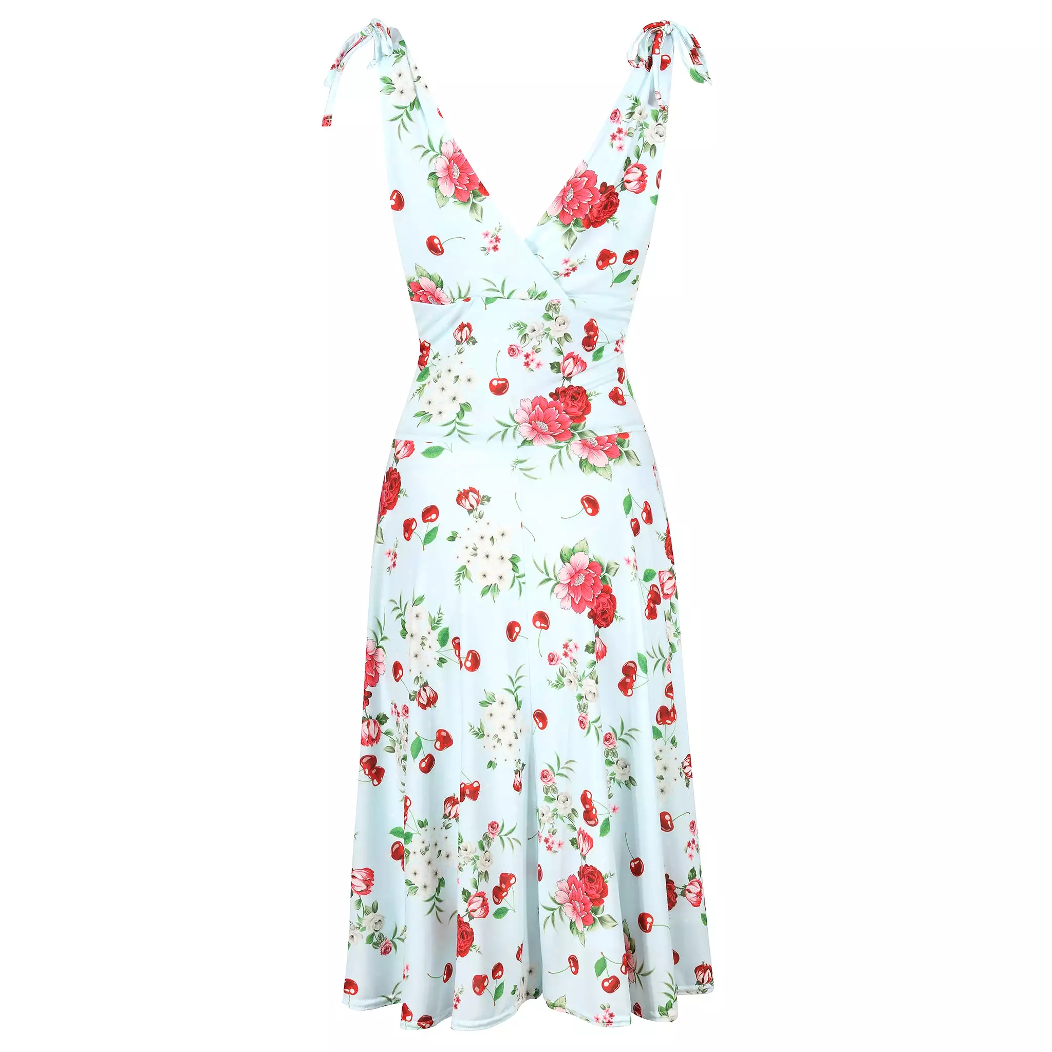 Light Blue Floral & Cherry Print V Neck Tie Shoulder 50s Swing Dress