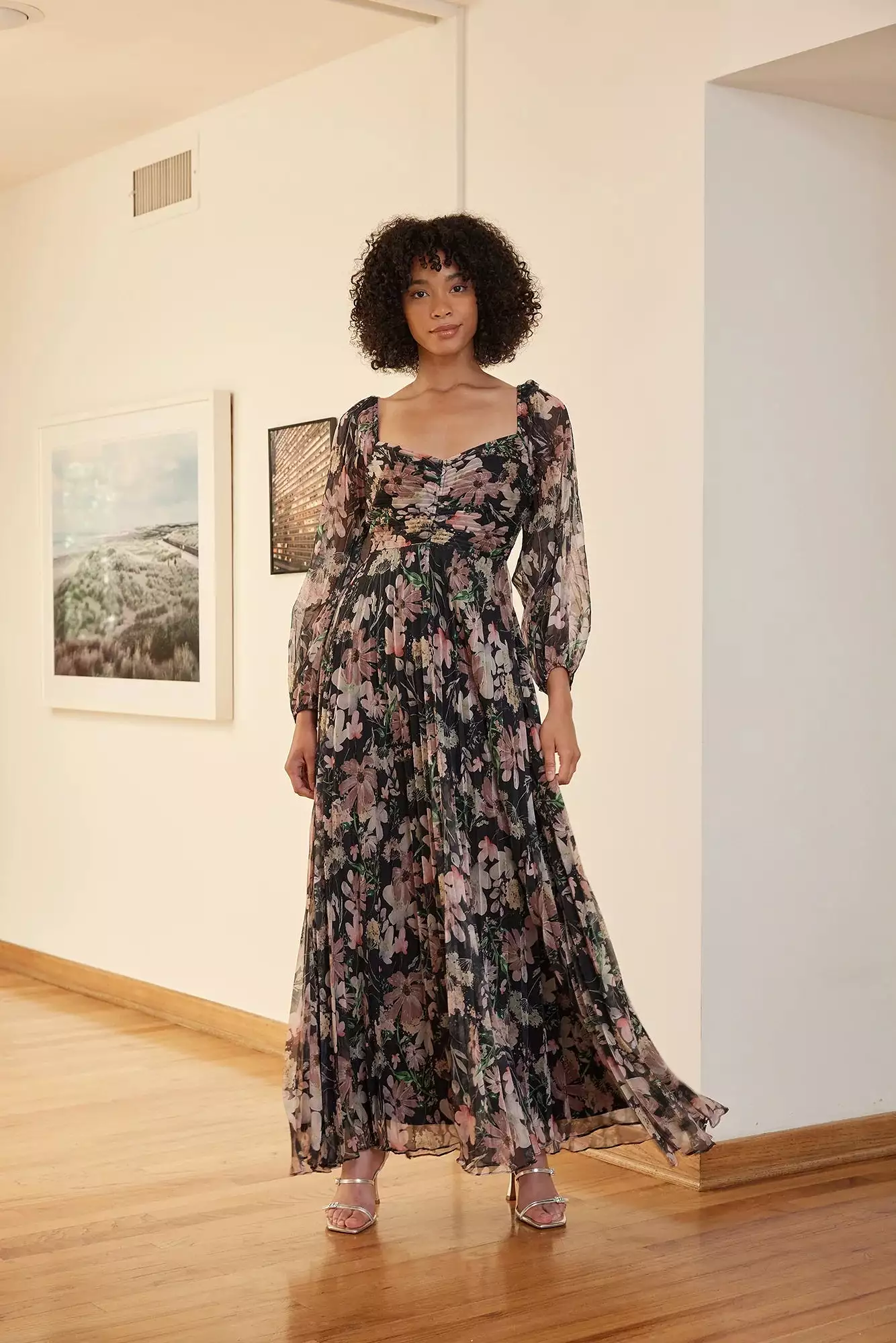 Lissie Dark Floral Pleated Maxi Dress