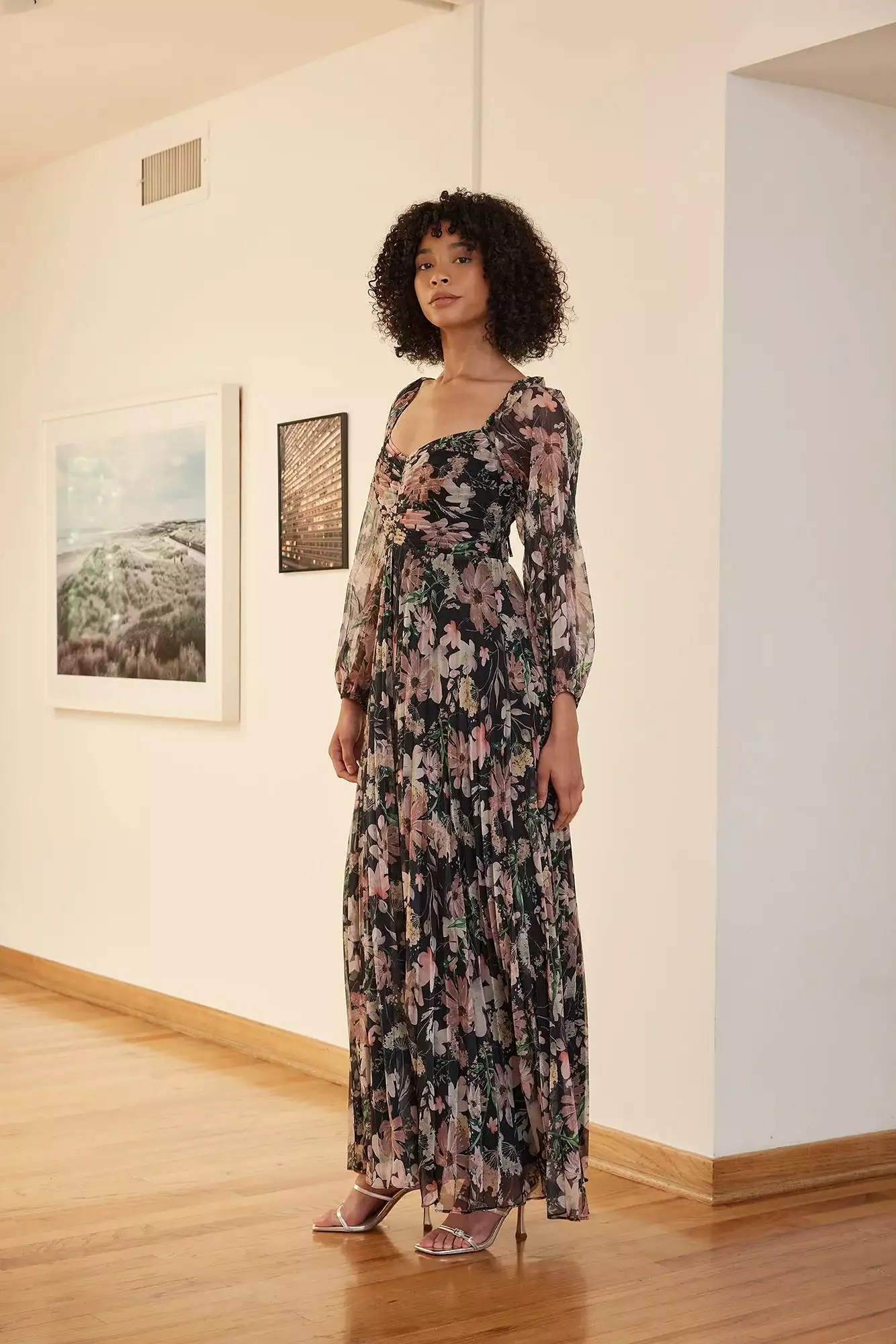 Lissie Dark Floral Pleated Maxi Dress