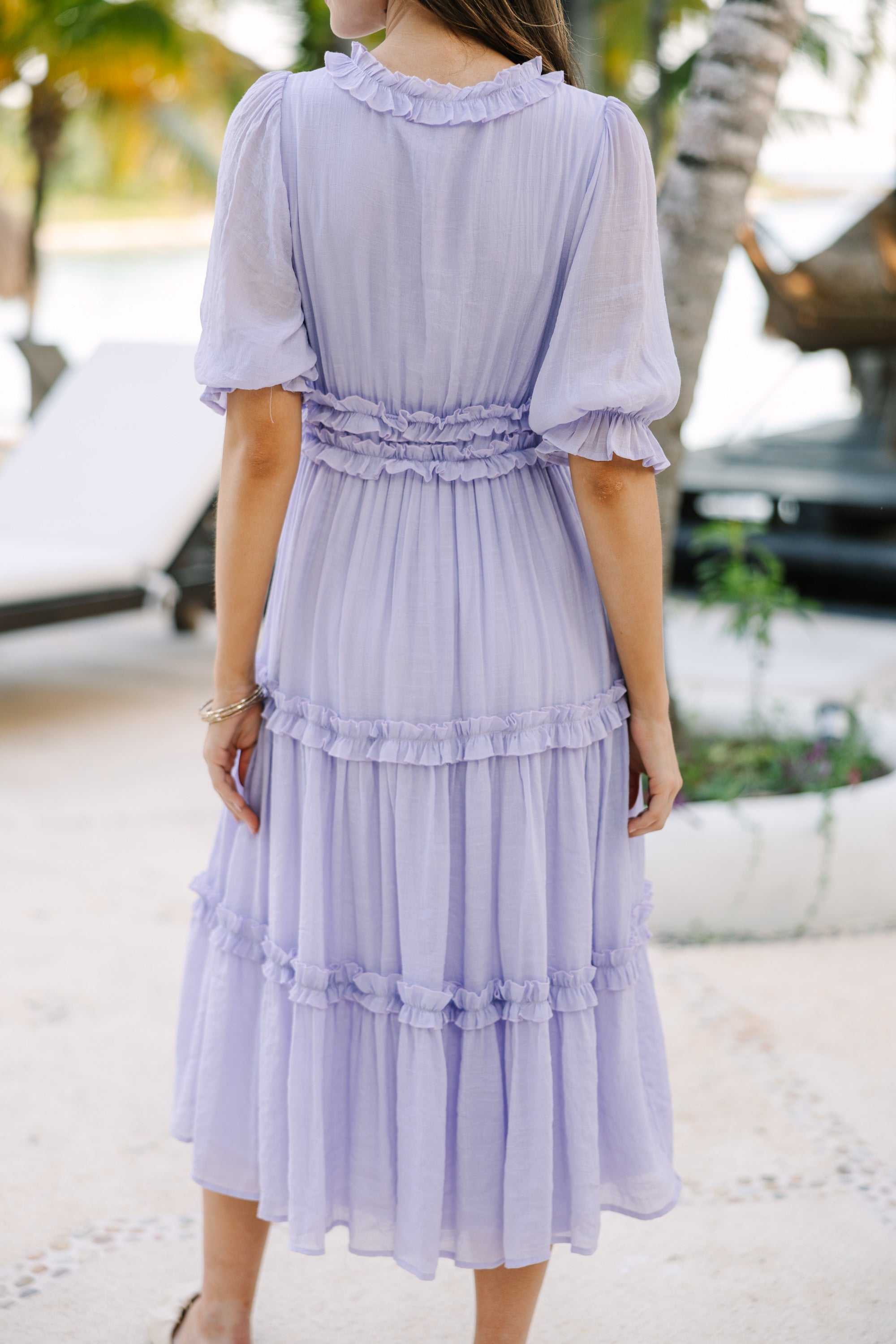 Living In A Dream Lavender Purple Ruffled Midi Dress