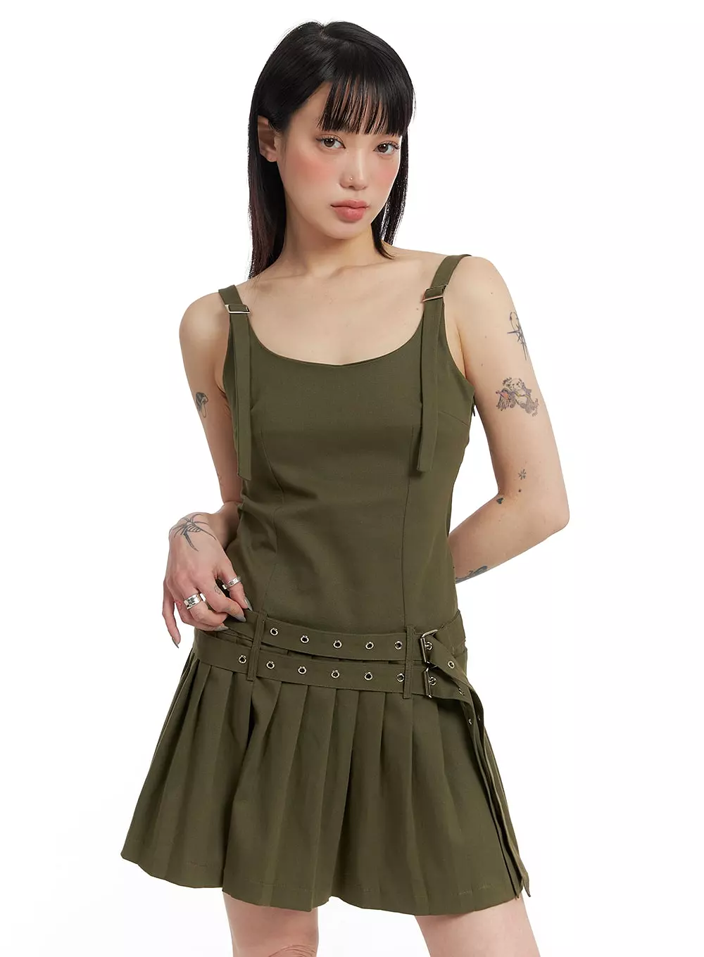 Low Hem Buckle Pleated Strap Mini Dress IF423