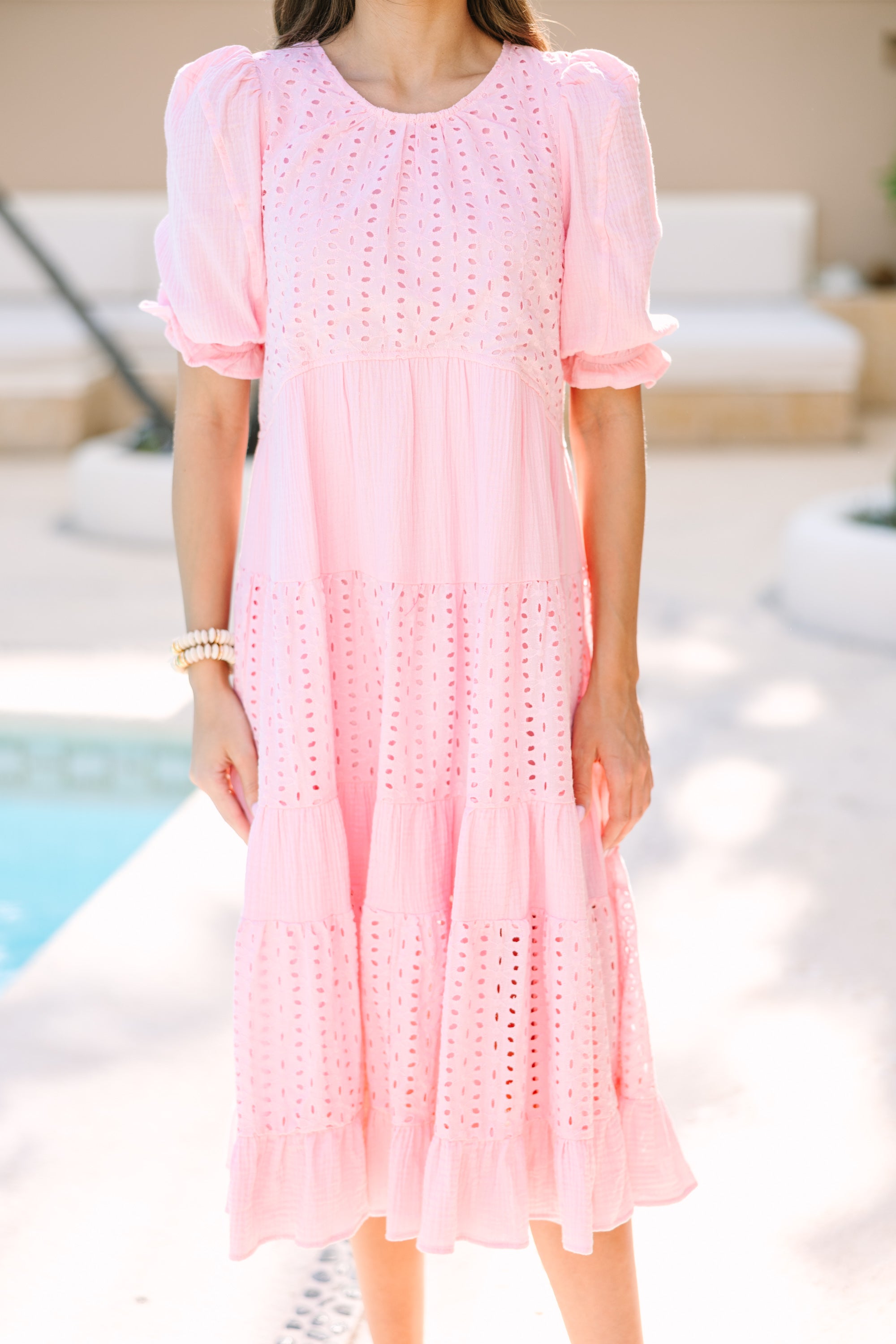 Making Moves Pink Eyelet Midi Dress