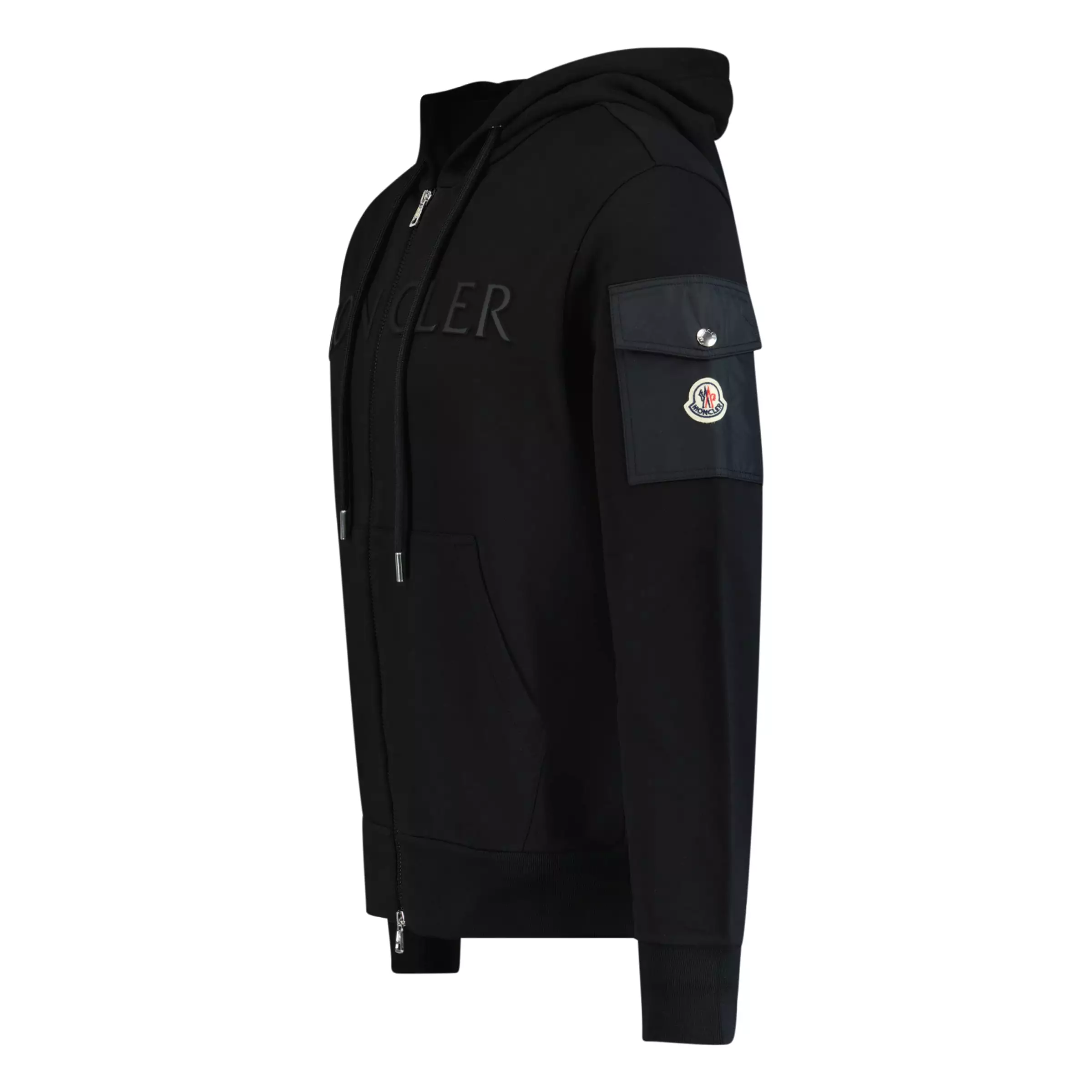 MONCLER LOGO PATCH ZIP FRONT HOODIE BLACK