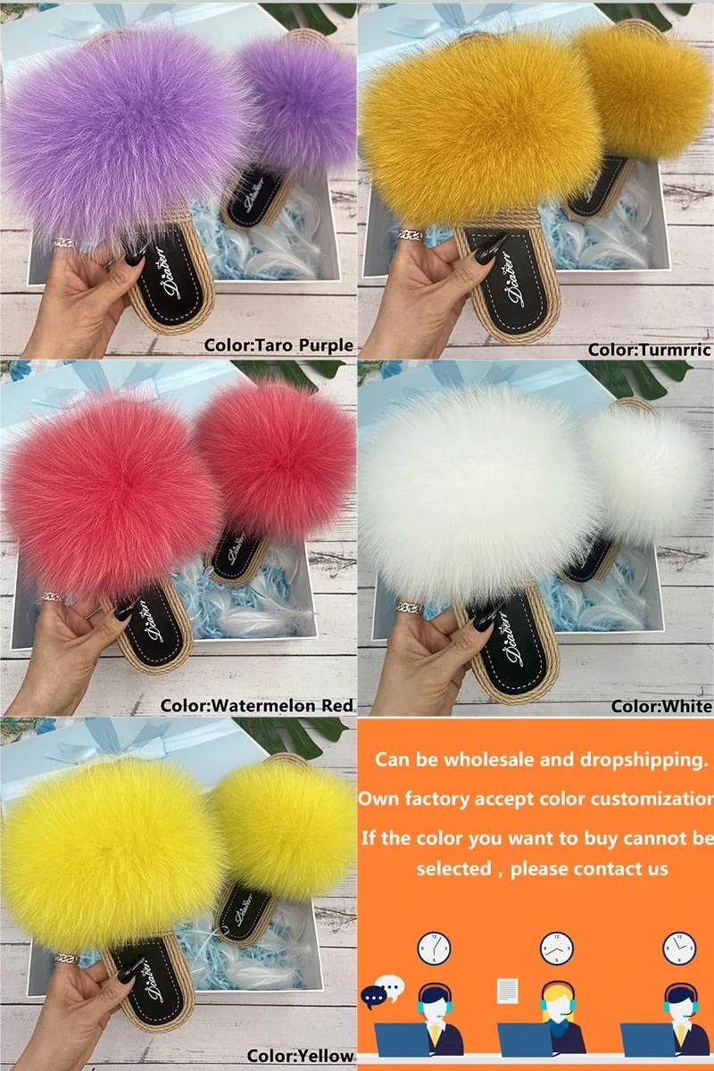 Natural Fox Fluffy Fur Flip Flop Slide Flat House Slippers for Women