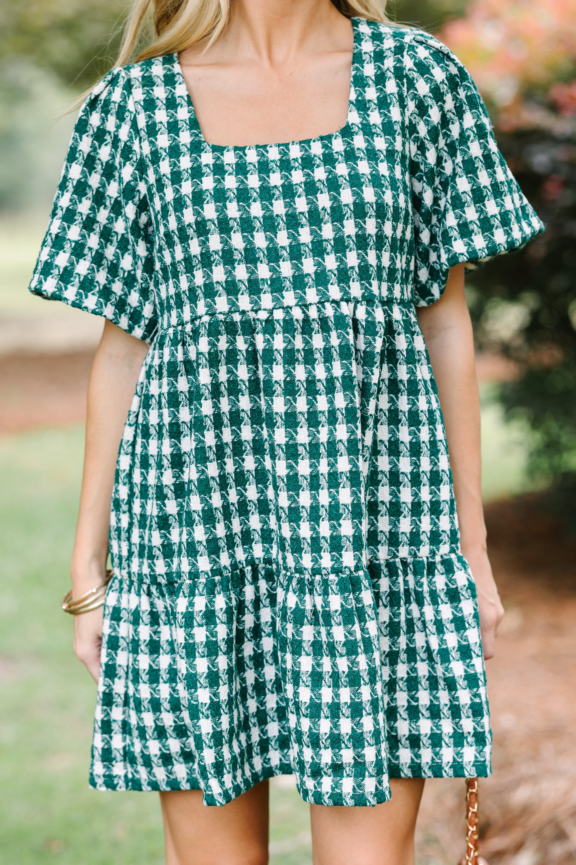 Never Left Behind Hunter Green Houndstooth Mini Dress