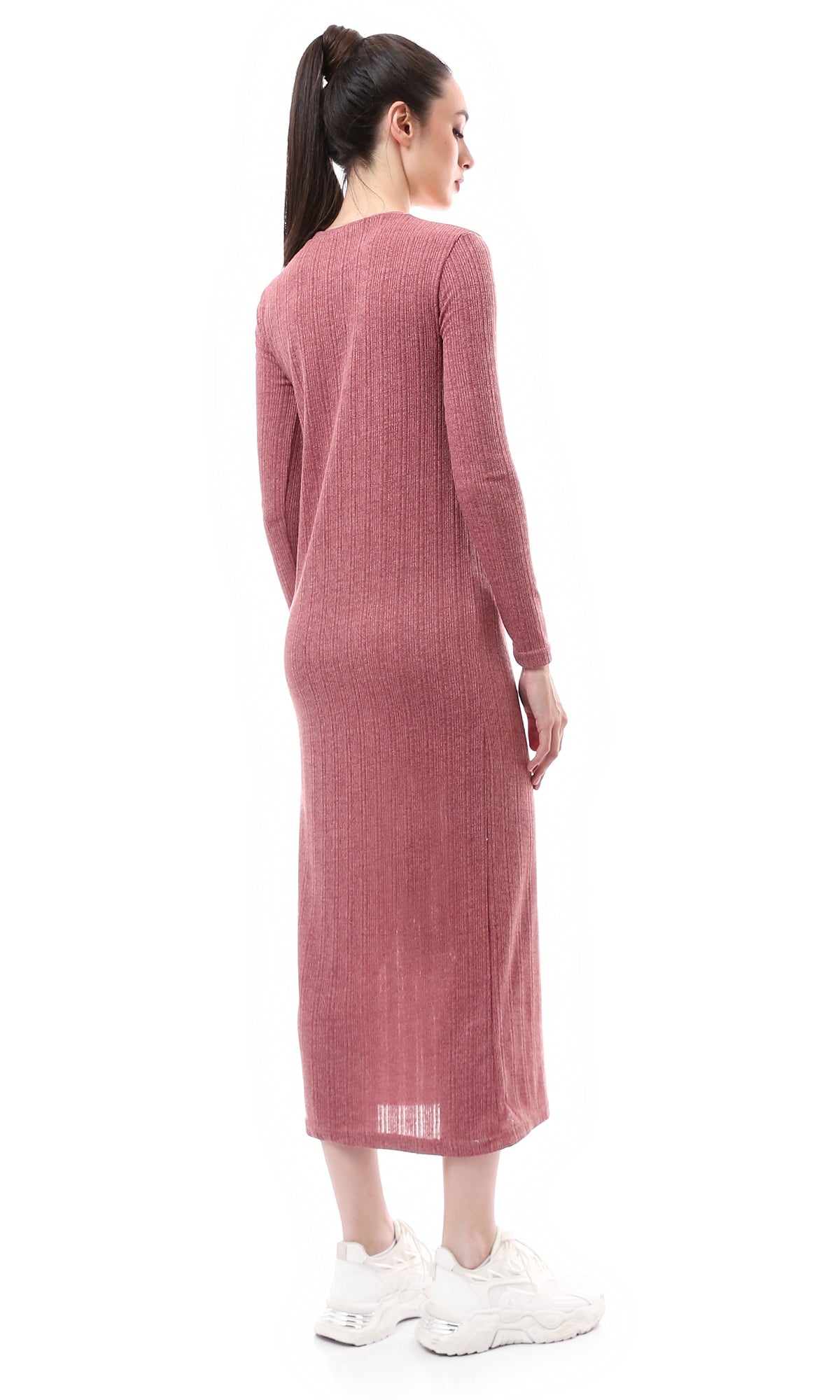 O176590 Dark Nude Pink Long Sleeves Ribbed Maxi Dress