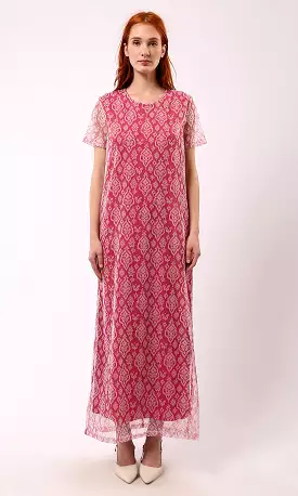 O178302 Sheer Short Sleeves Patterned Fuchsia Maxi Dress