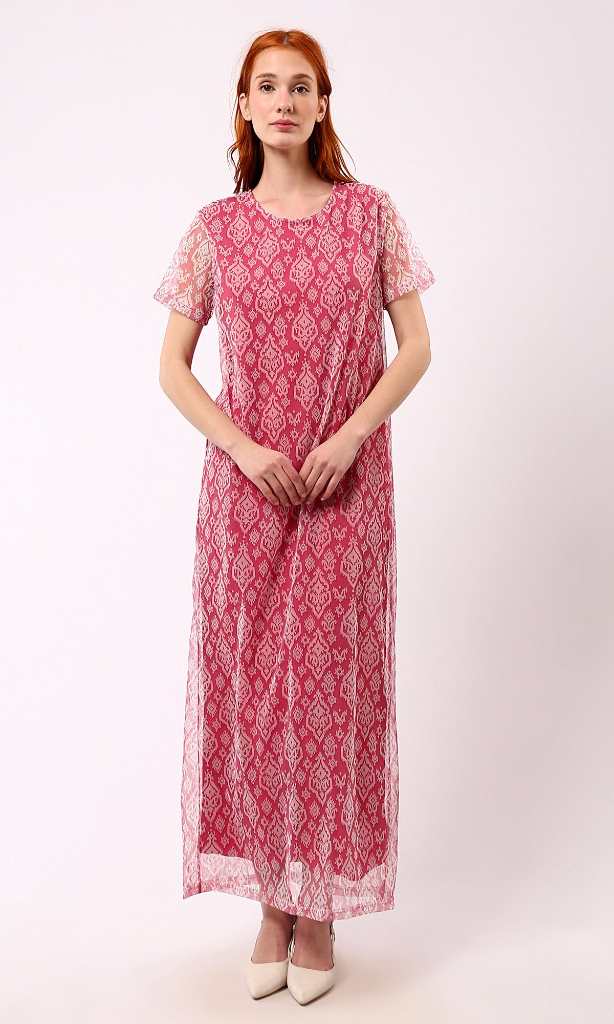 O178302 Sheer Short Sleeves Patterned Fuchsia Maxi Dress