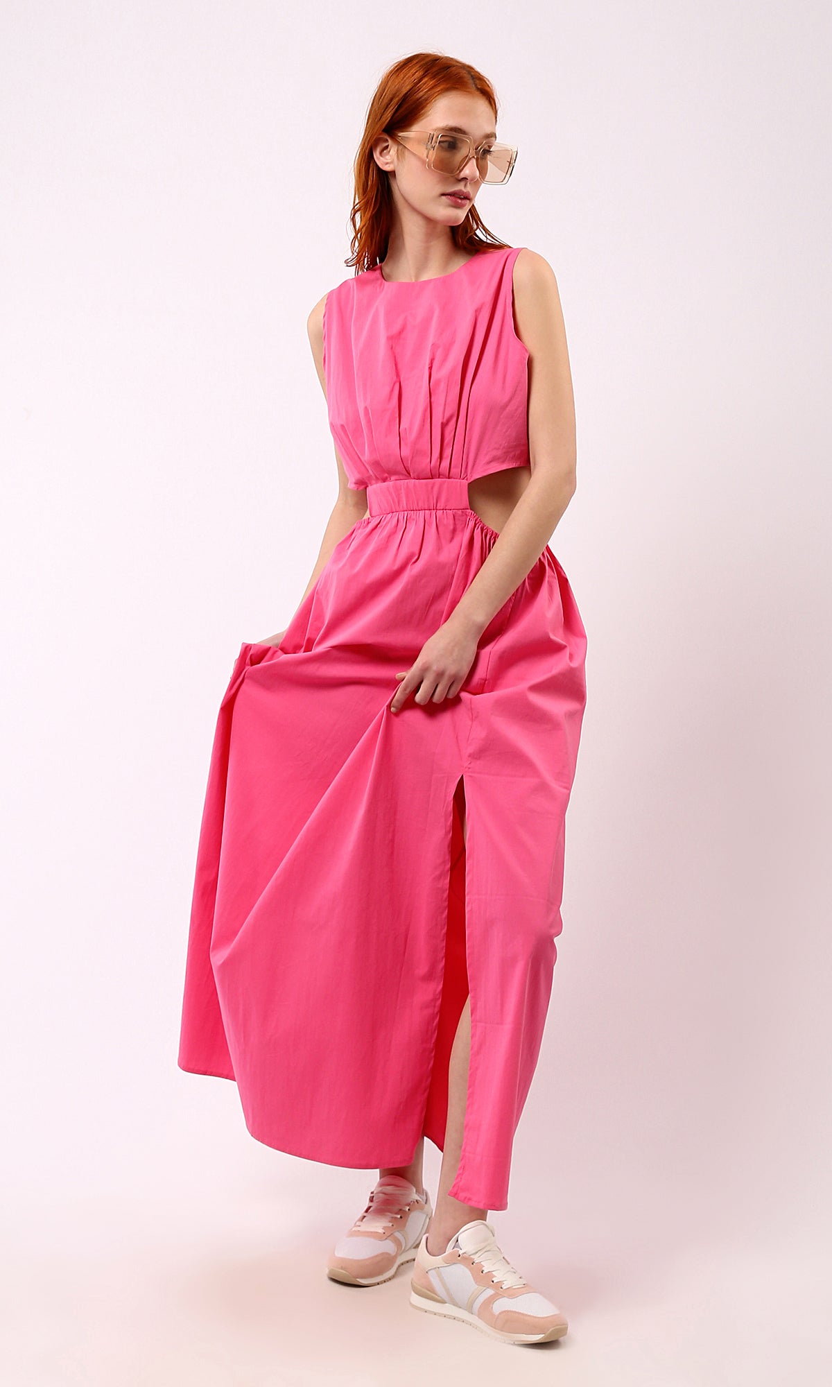 O178817 Fuchsia Elastic Waist Slip On Summer Maxi Dress