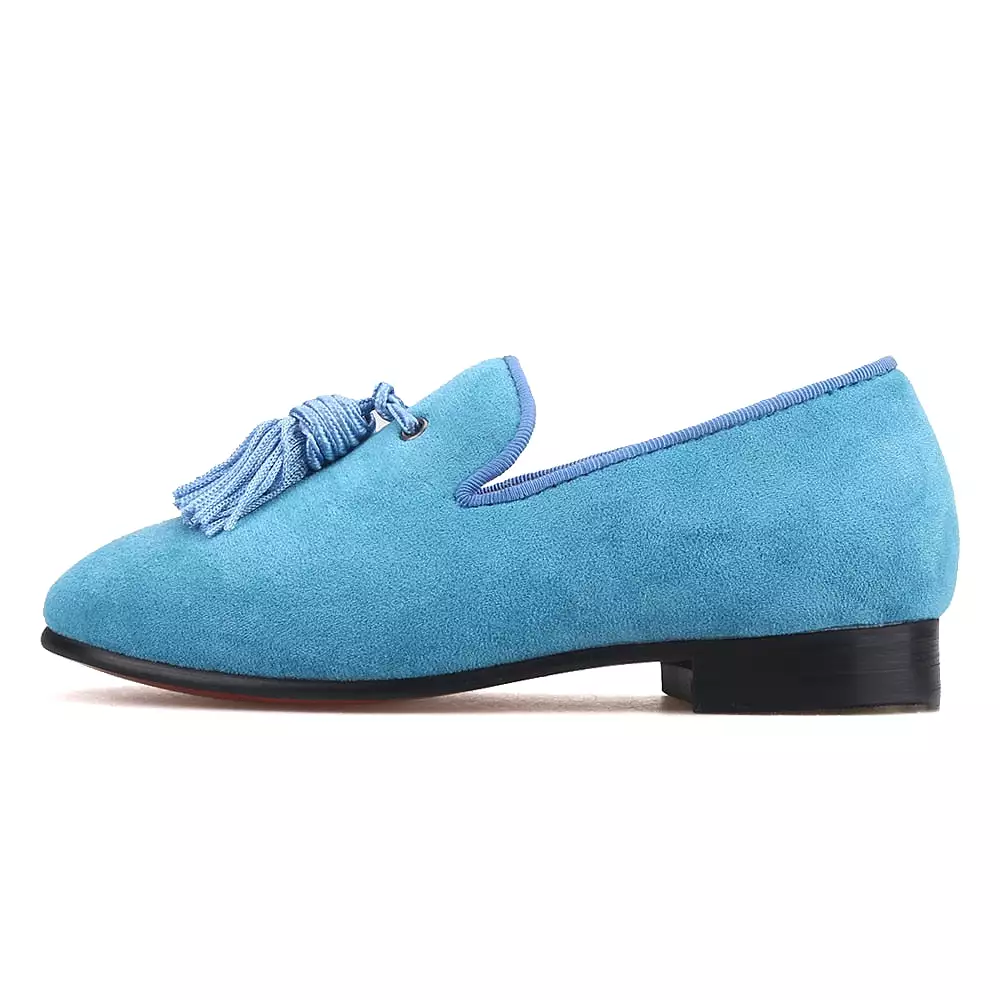 OneDrop Handmade Children Kid Dress Shoes Sky Blue Cow Suede Tassel Party Wedding Prom Red Bottom Loafers