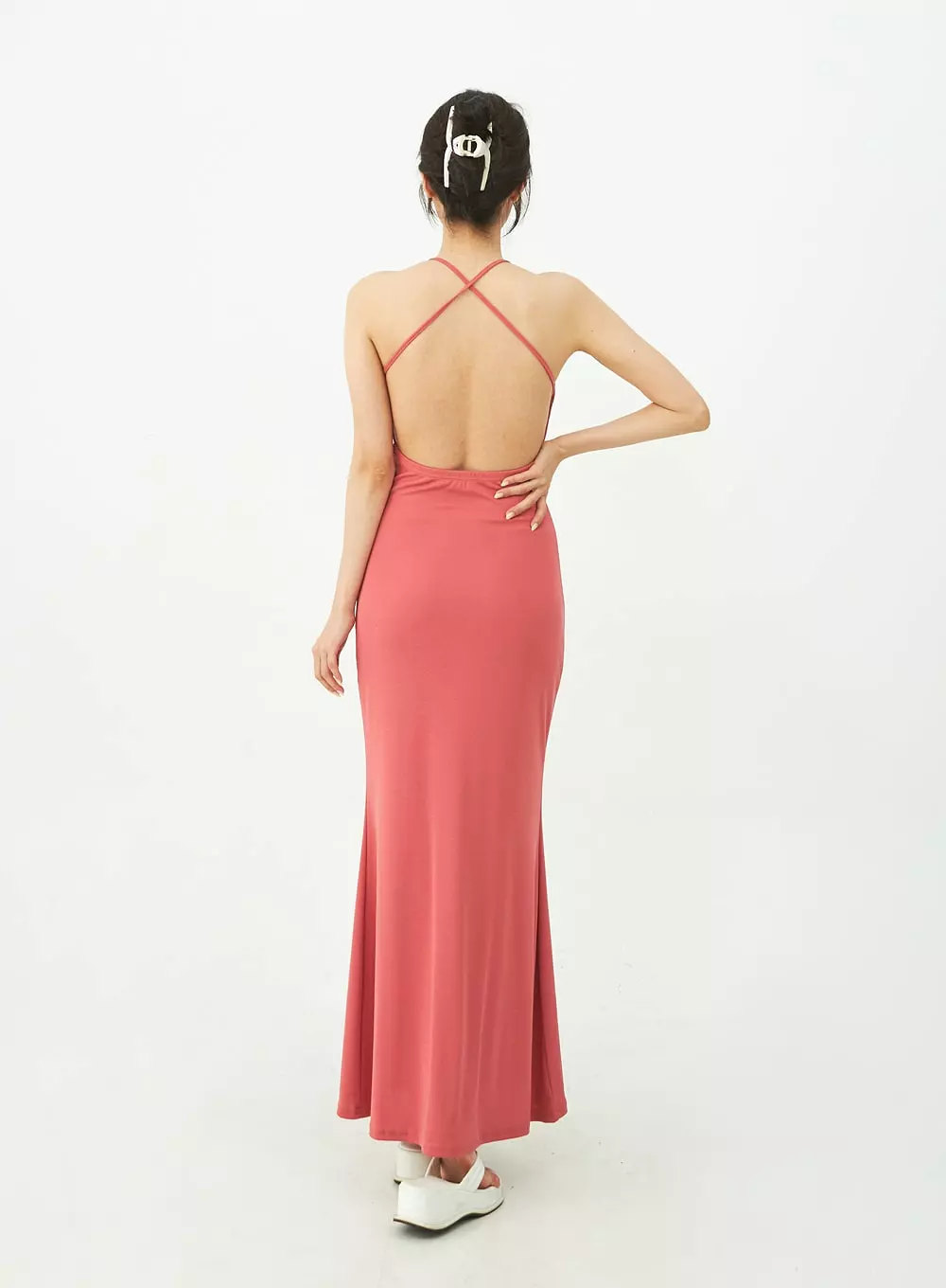 Open Back Cross Strap Maxi Dress IU11