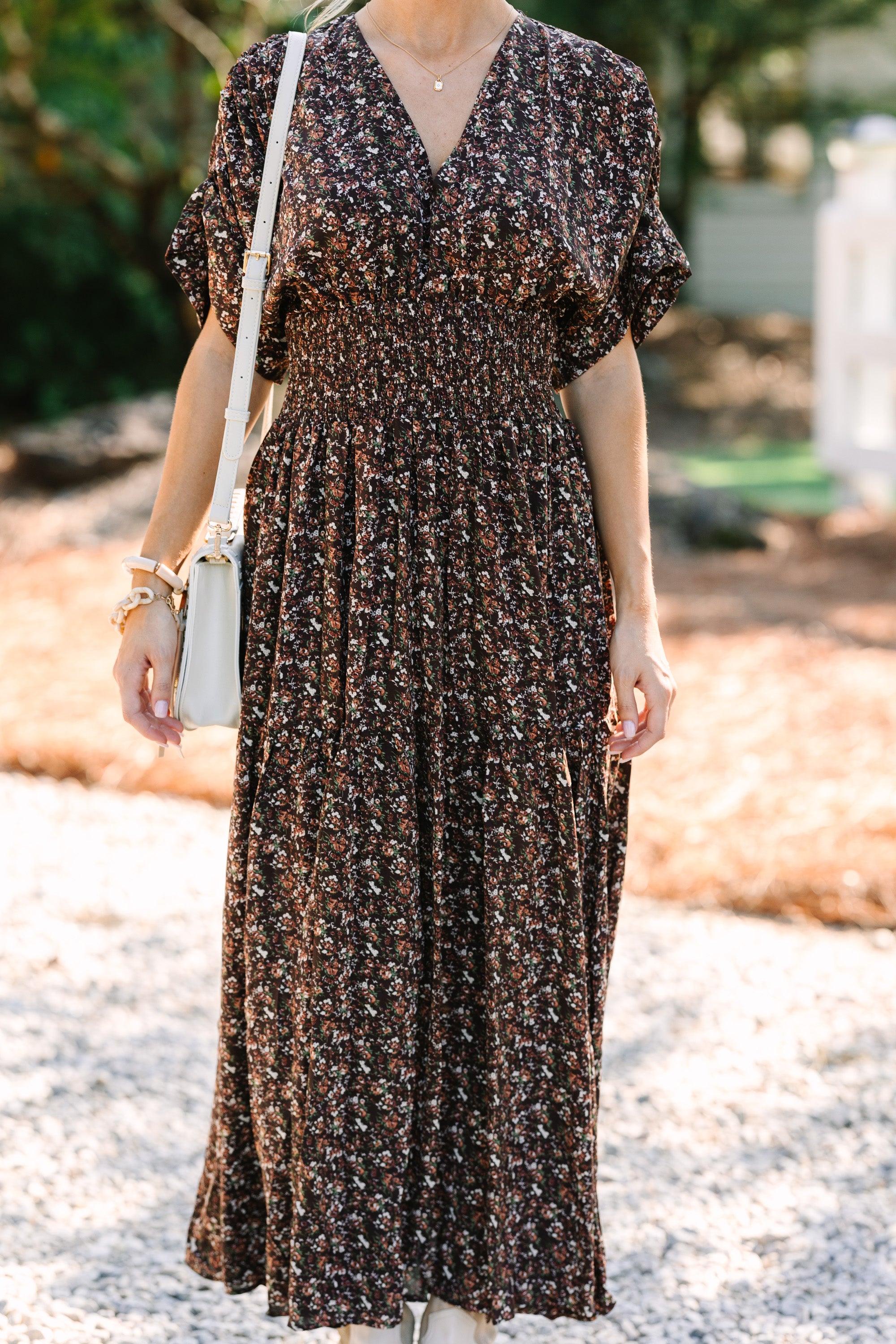 Out In The Open Brown Ditsy Floral Maxi Dress