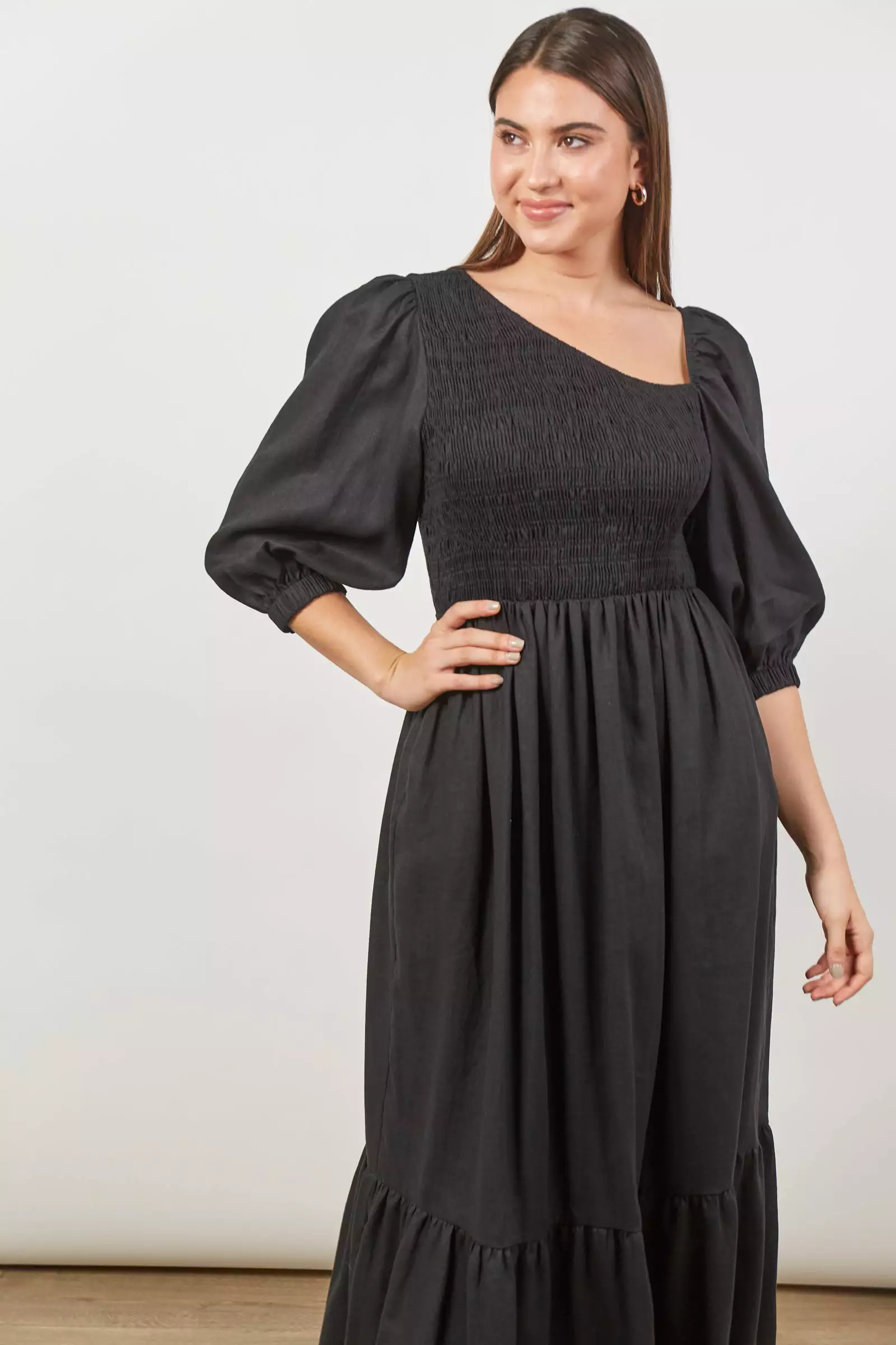 Panorama Shirred Maxi Dress - Onyx Black