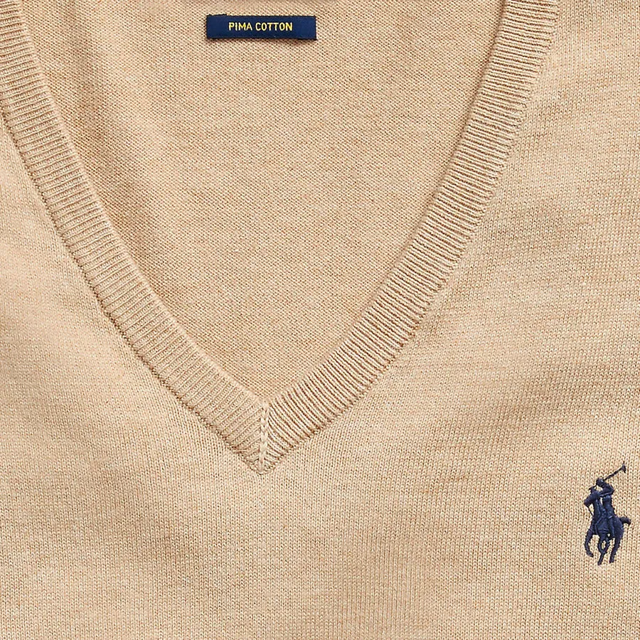 Polo Ralph Lauren - Slim Fit Brown Heather V-Neck Cotton Jumper