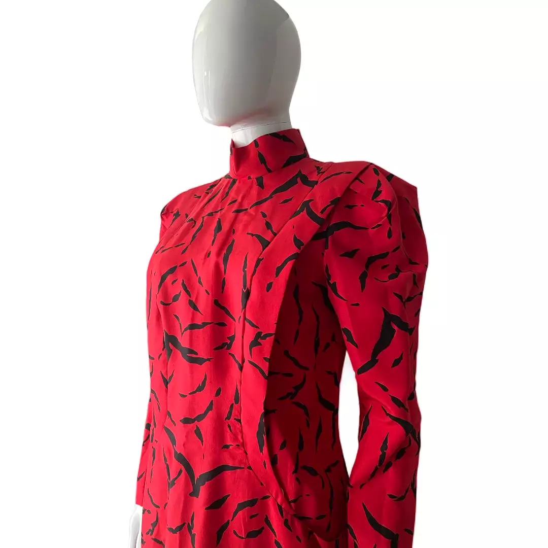 Raul Blanco Red Silk Dress Black Print