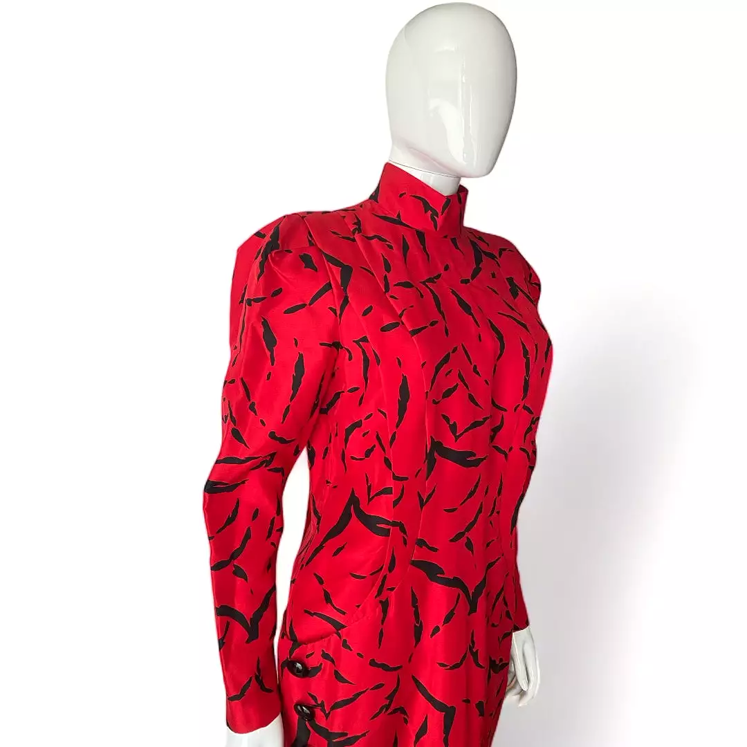 Raul Blanco Red Silk Dress Black Print