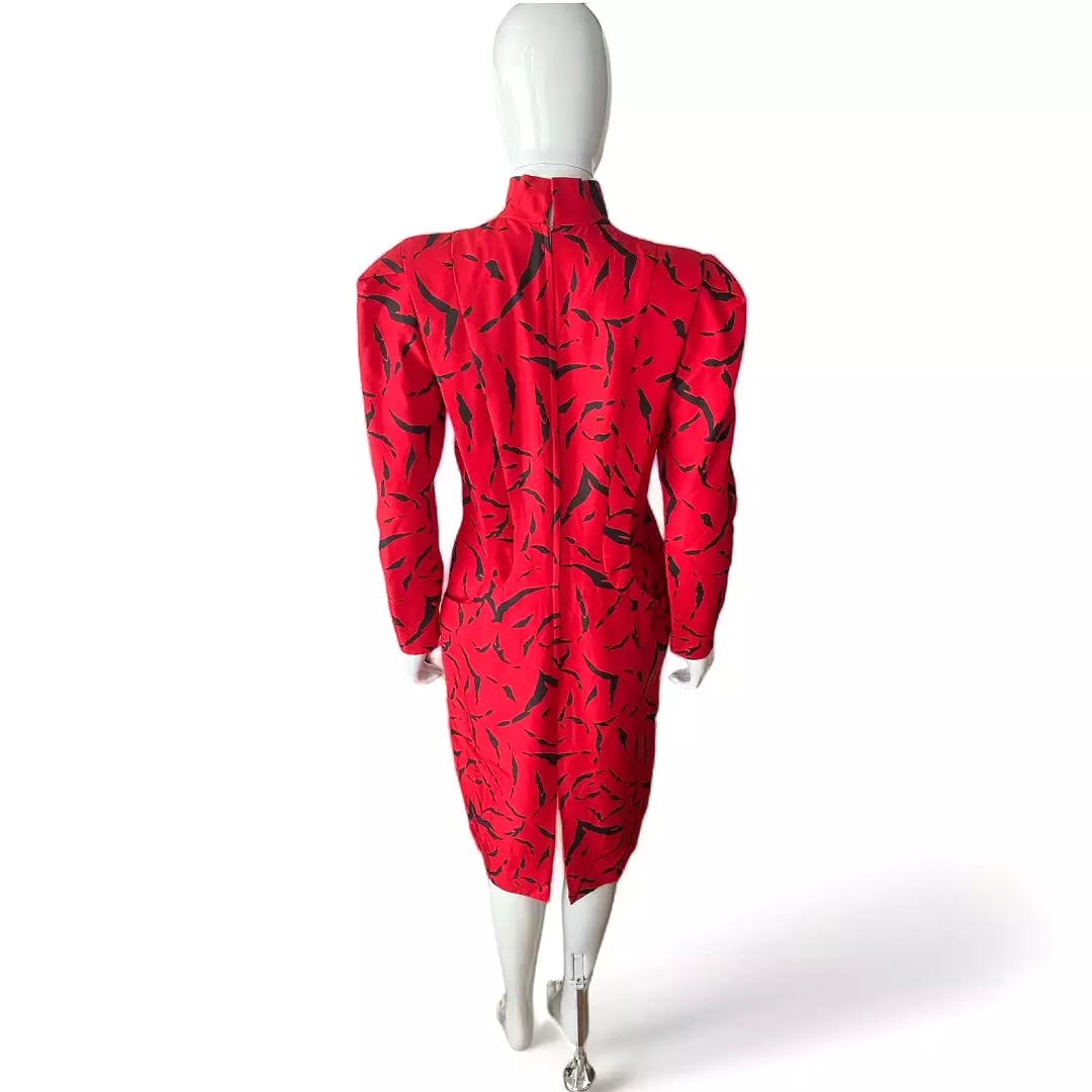 Raul Blanco Red Silk Dress Black Print