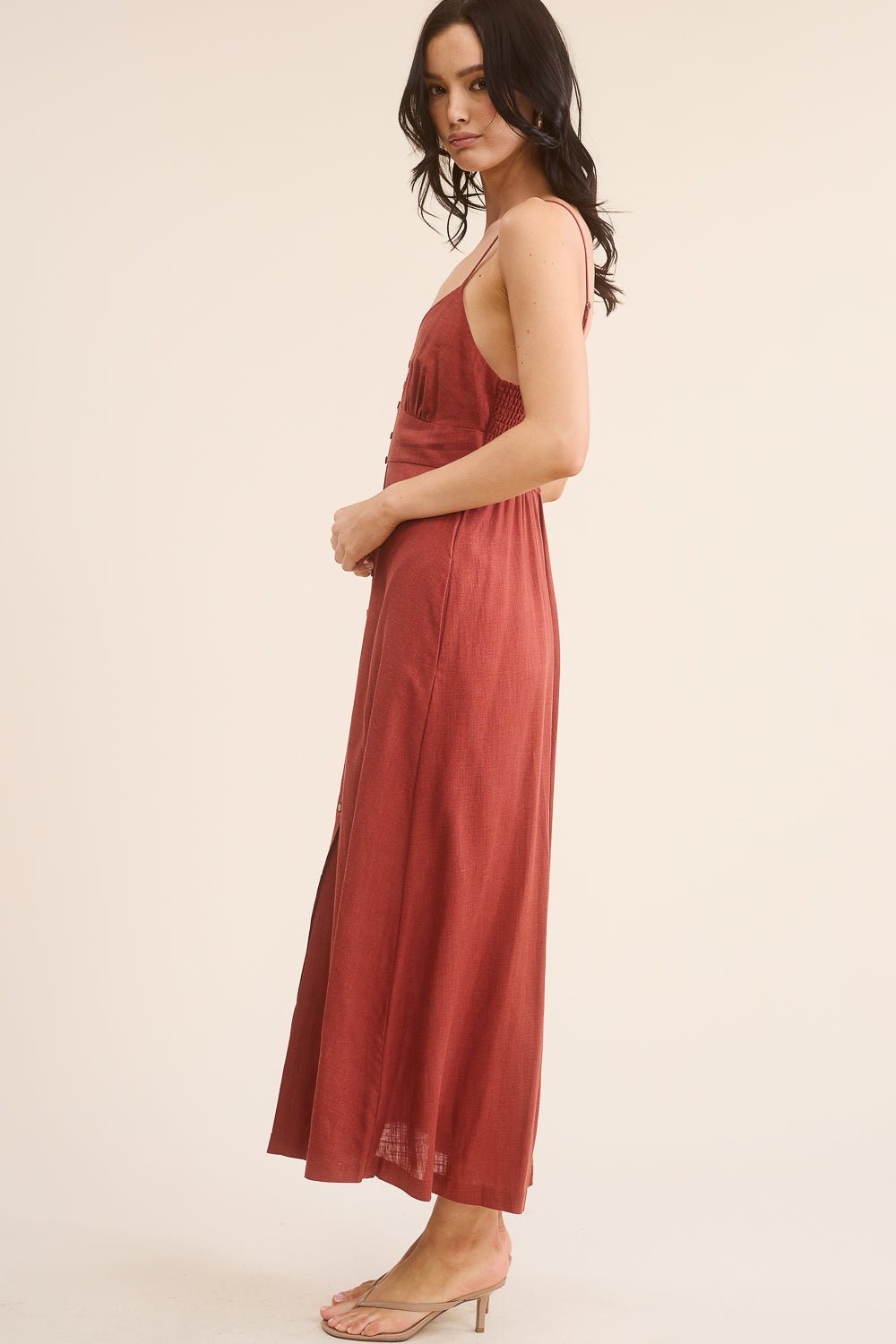 Red Button Front Maxi Dress